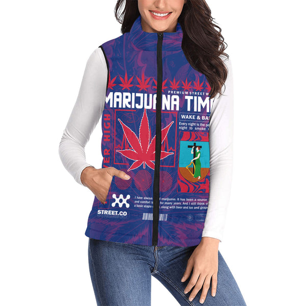 Montserrat Women Padded Jacket Vest Flag & Coat Of Arms Marijuanas Style