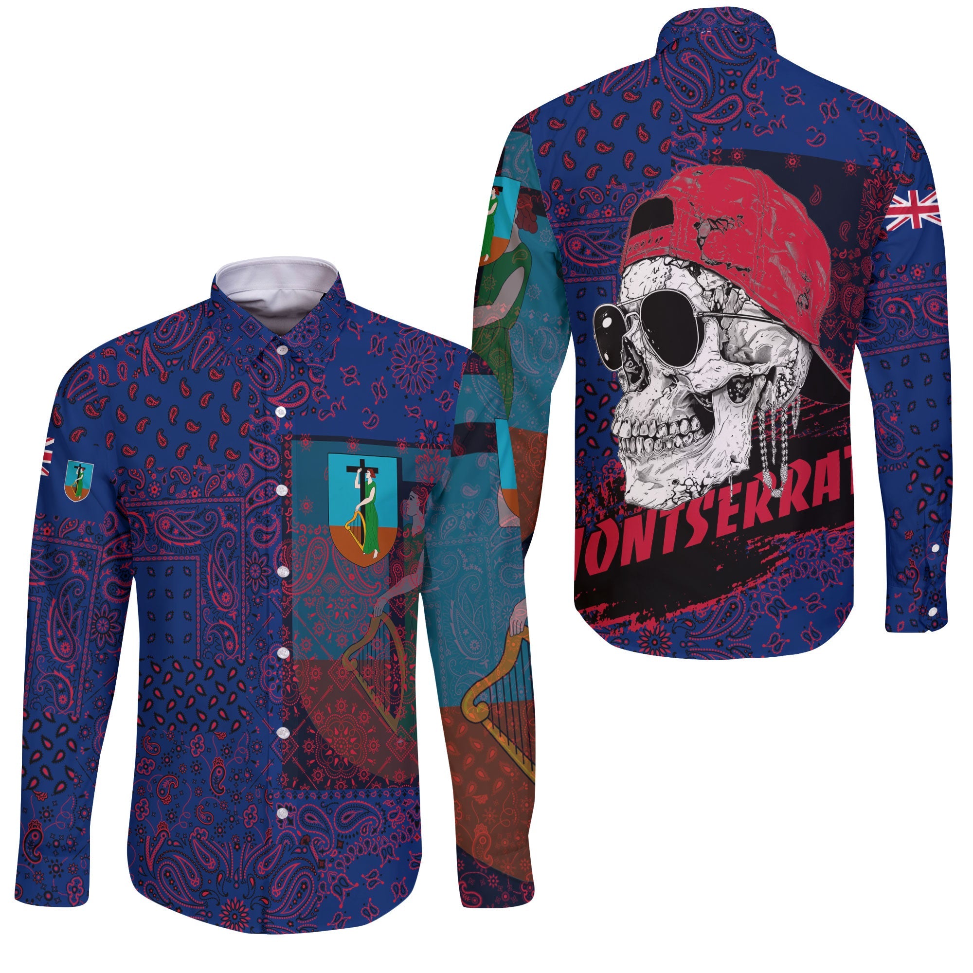 Montserrat Long Sleeve Button Shirt Paisley Flag And Skull Style 3