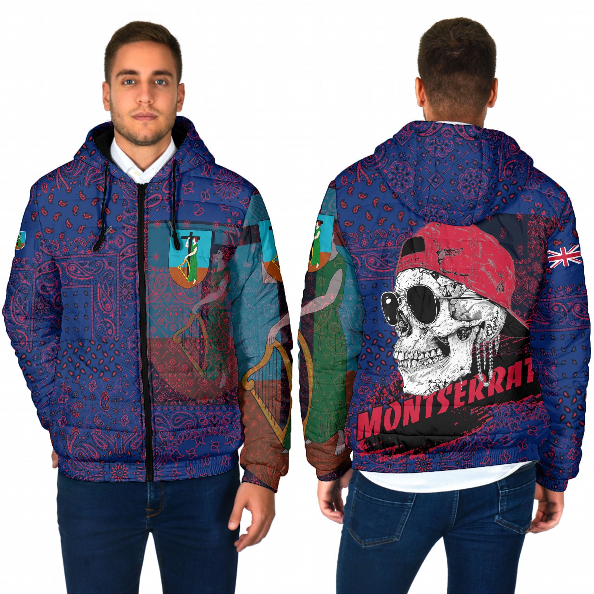 Montserrat Men Hooded Padded Jacket Paisley Flag And Skull Style 1