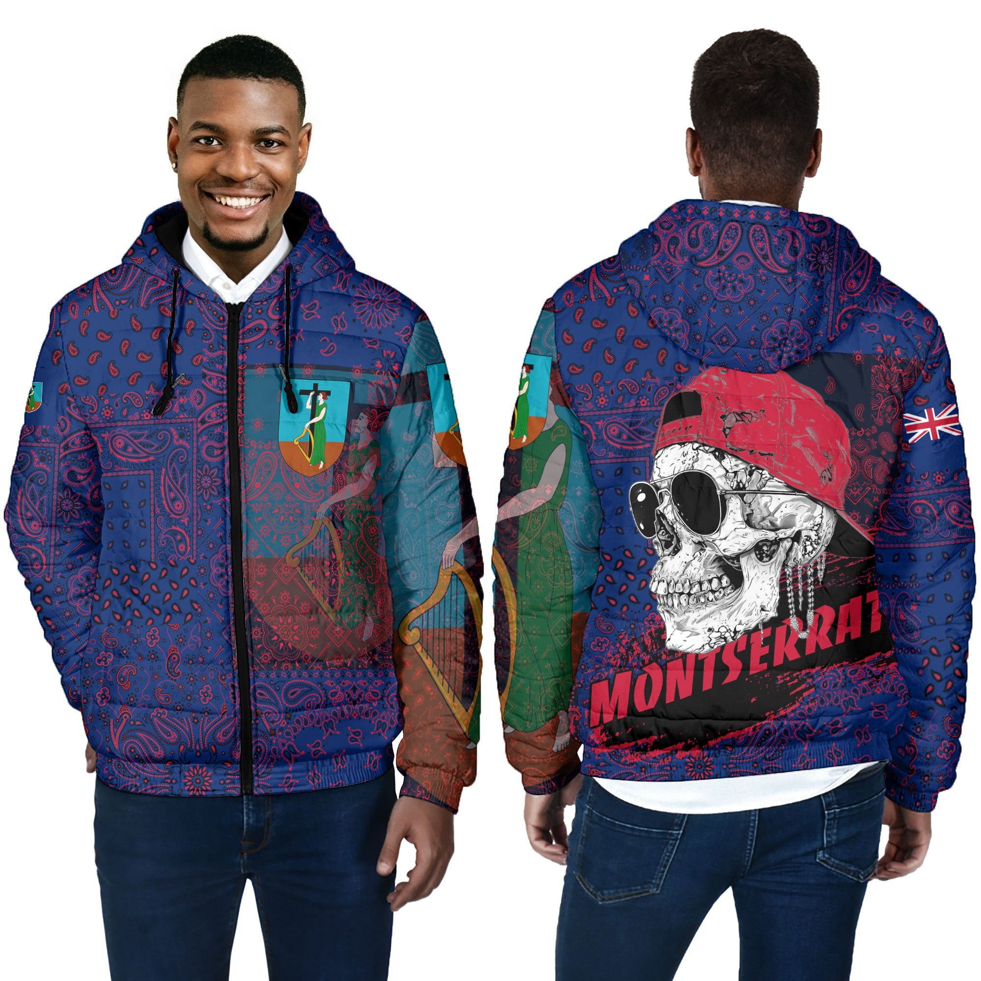 Montserrat Men Hooded Padded Jacket Paisley Flag And Skull Style 4