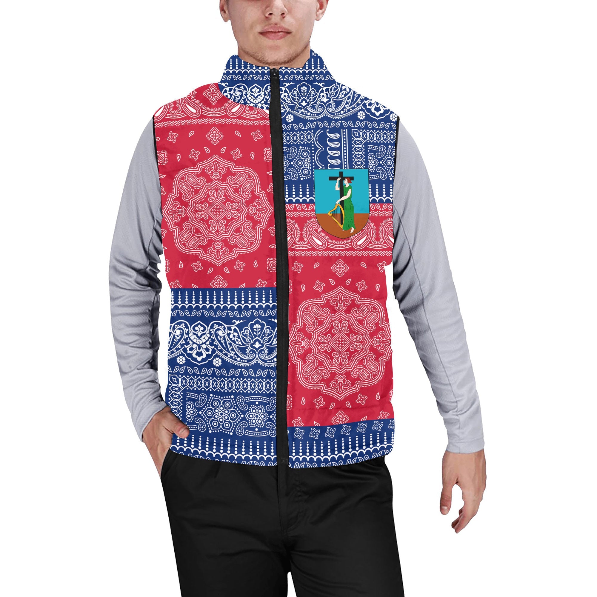 Montserrat Men Padded Jacket Vest Flag And Paisley Basic Style 1