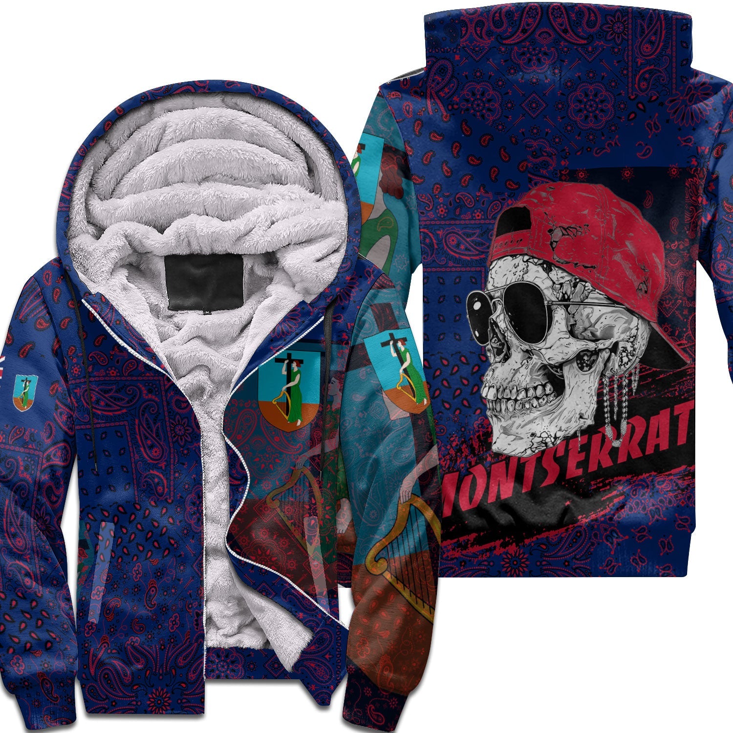 Montserrat Sherpa Hoodie Paisley Flag And Skull Style 1