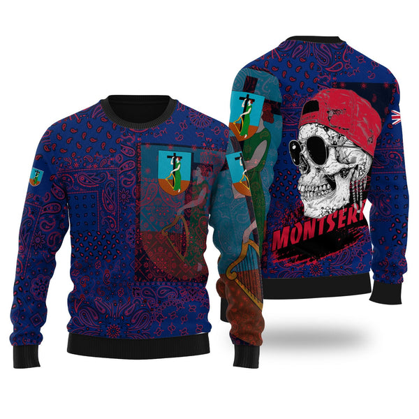 Montserrat Ugly Sweater Paisley Flag And Skull Style 1