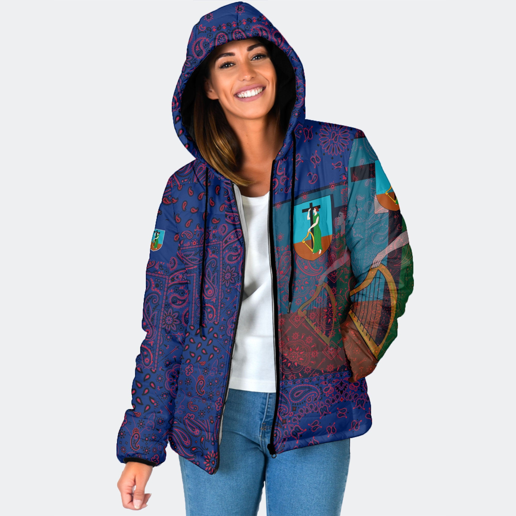 Montserrat Women Hooded Padded Jacket Paisley Flag And Skull Style 1