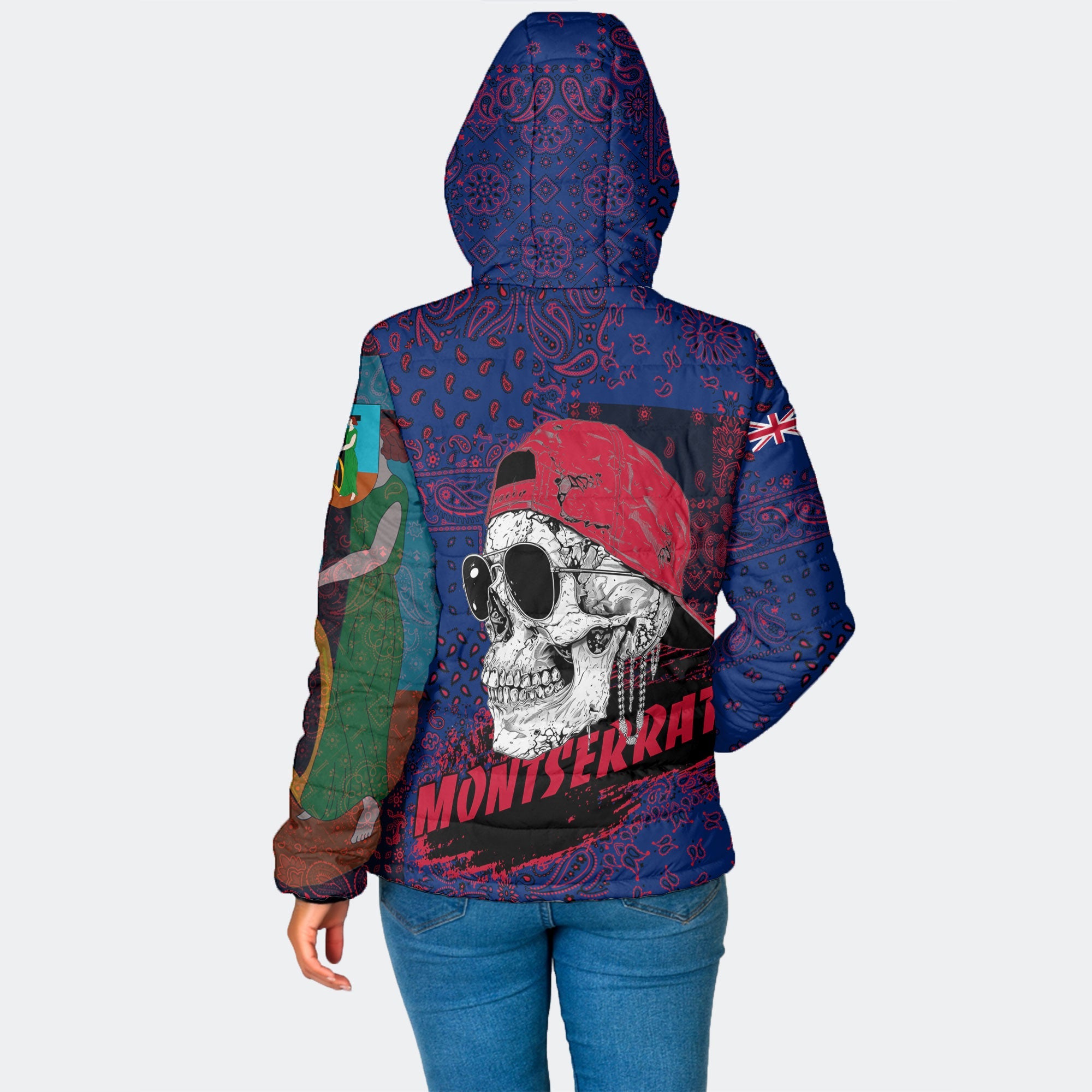 Montserrat Women Hooded Padded Jacket Paisley Flag And Skull Style 2