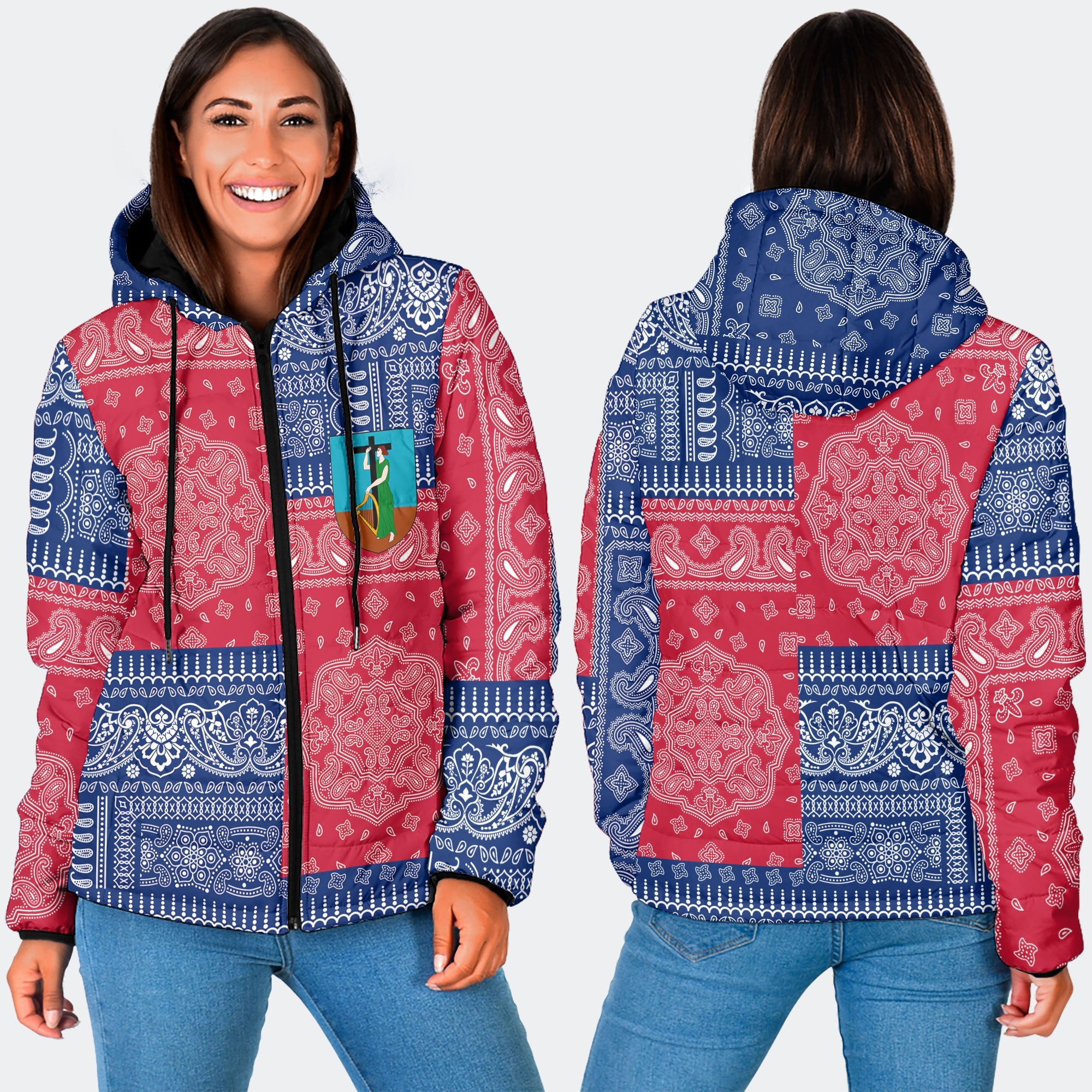 Montserrat Women Hooded Padded Jacket Flag And Paisley Basic Style 3