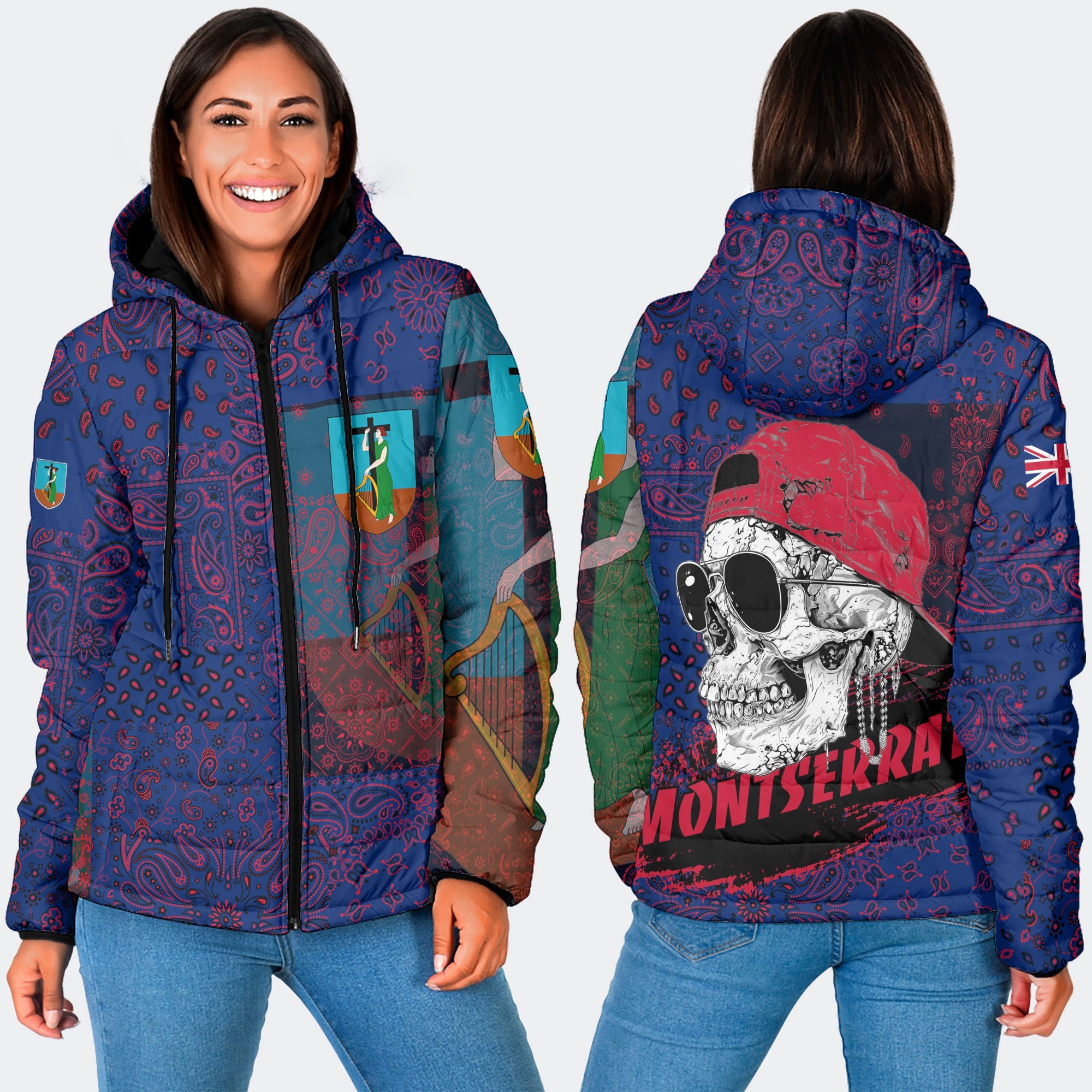 Montserrat Women Hooded Padded Jacket Paisley Flag And Skull Style 3