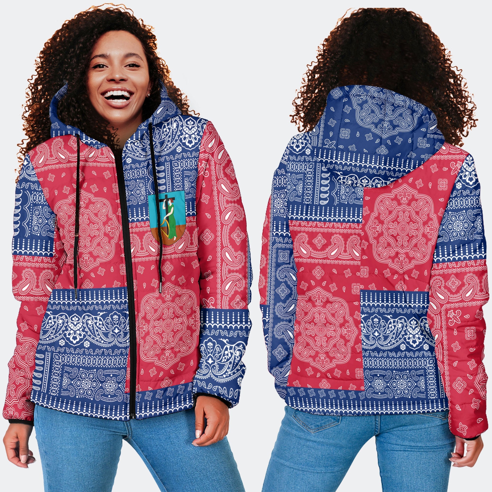 Montserrat Women Hooded Padded Jacket Flag And Paisley Basic Style 4