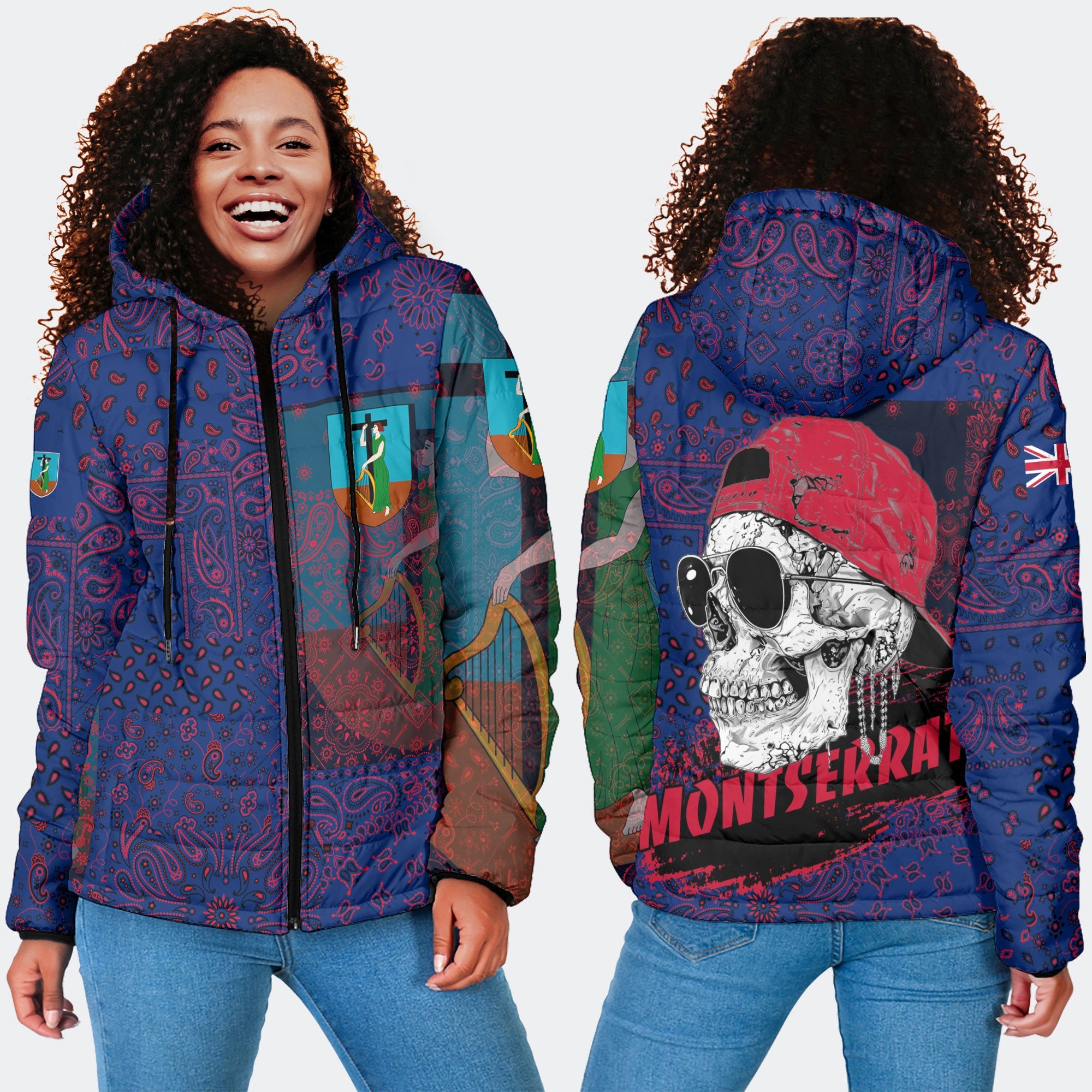 Montserrat Women Hooded Padded Jacket Paisley Flag And Skull Style 4