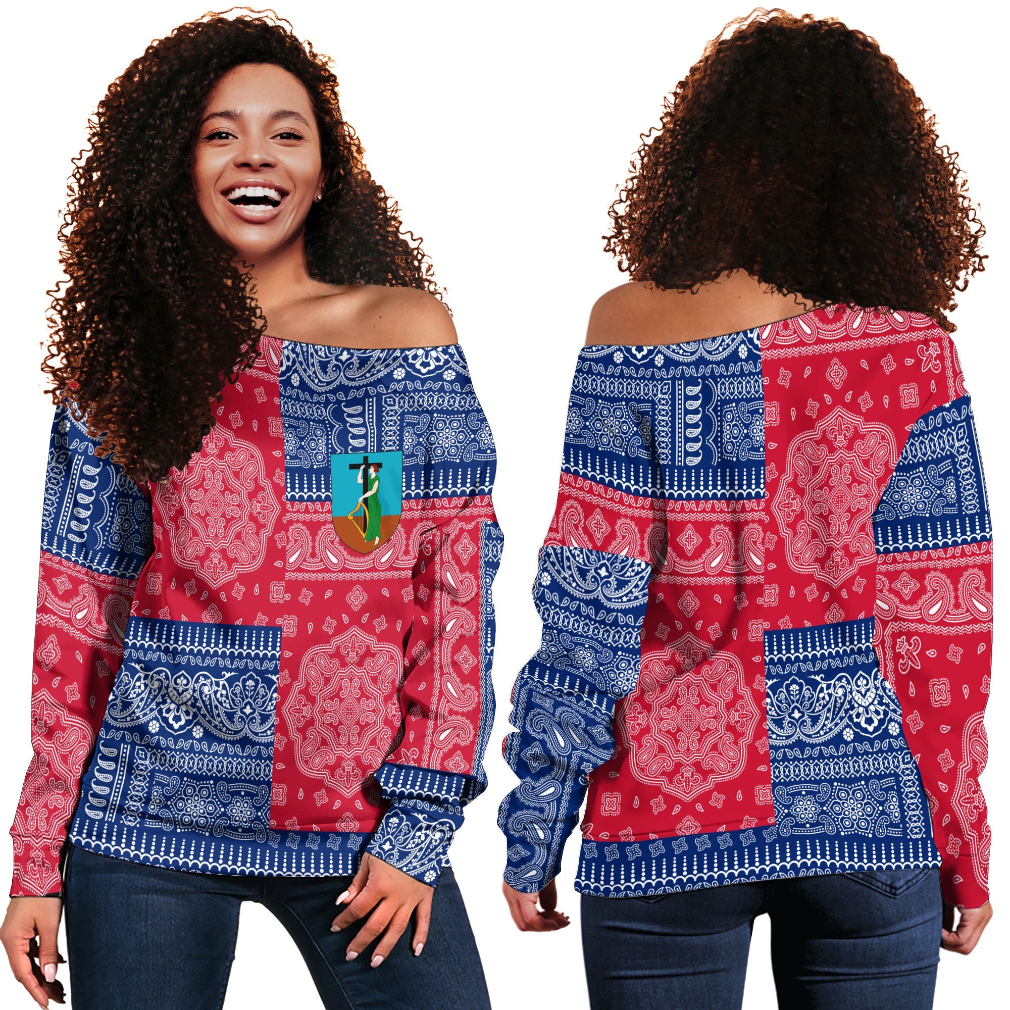 Montserrat Women Off Shoulder Sweatshirt Flag And Paisley Basic Style 1