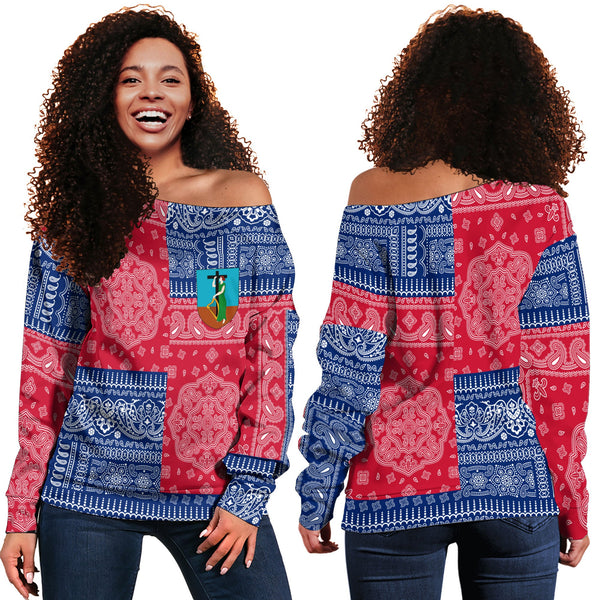 Montserrat Women Off Shoulder Sweatshirt Flag And Paisley Basic Style 1