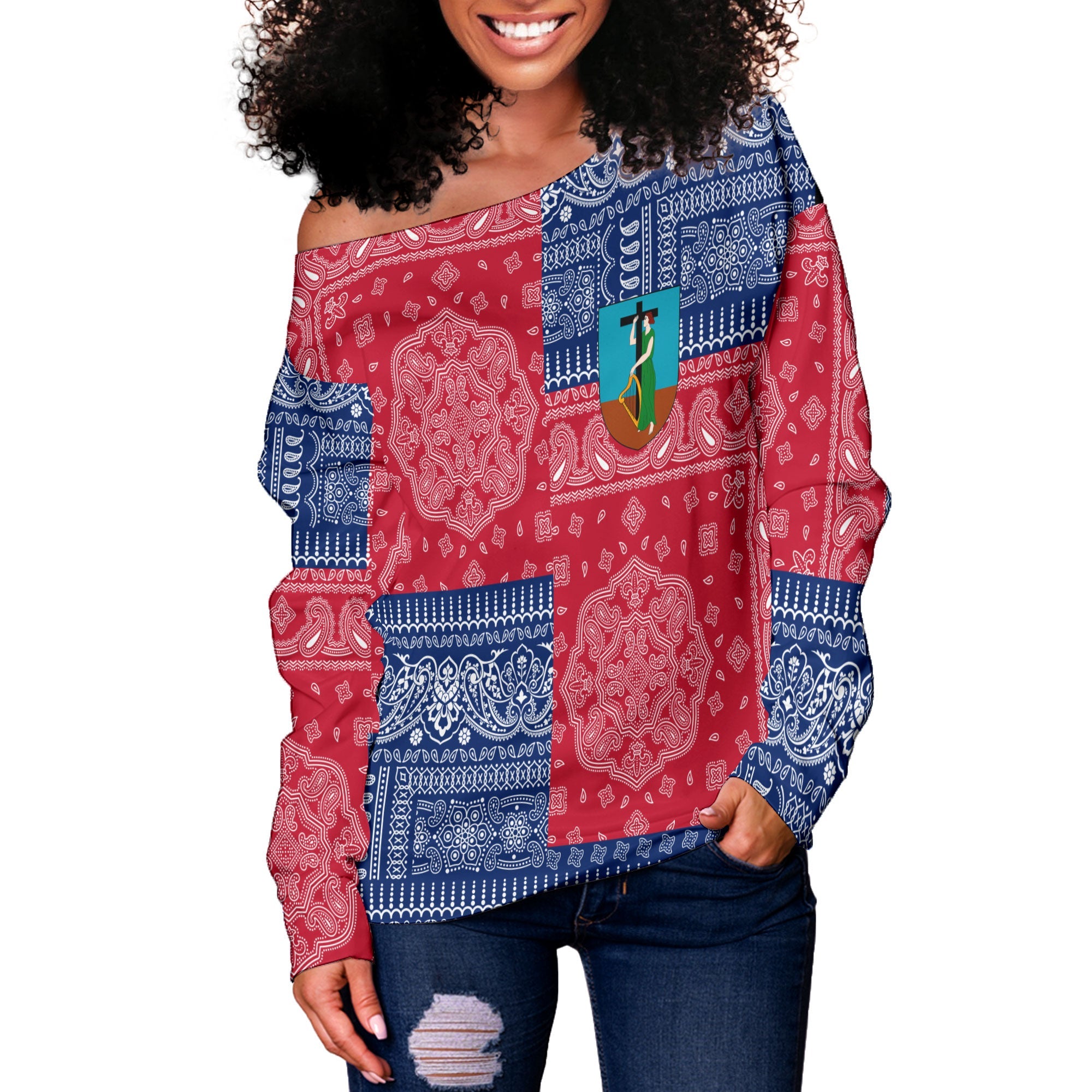 Montserrat Women Off Shoulder Sweatshirt Flag And Paisley Basic Style 2