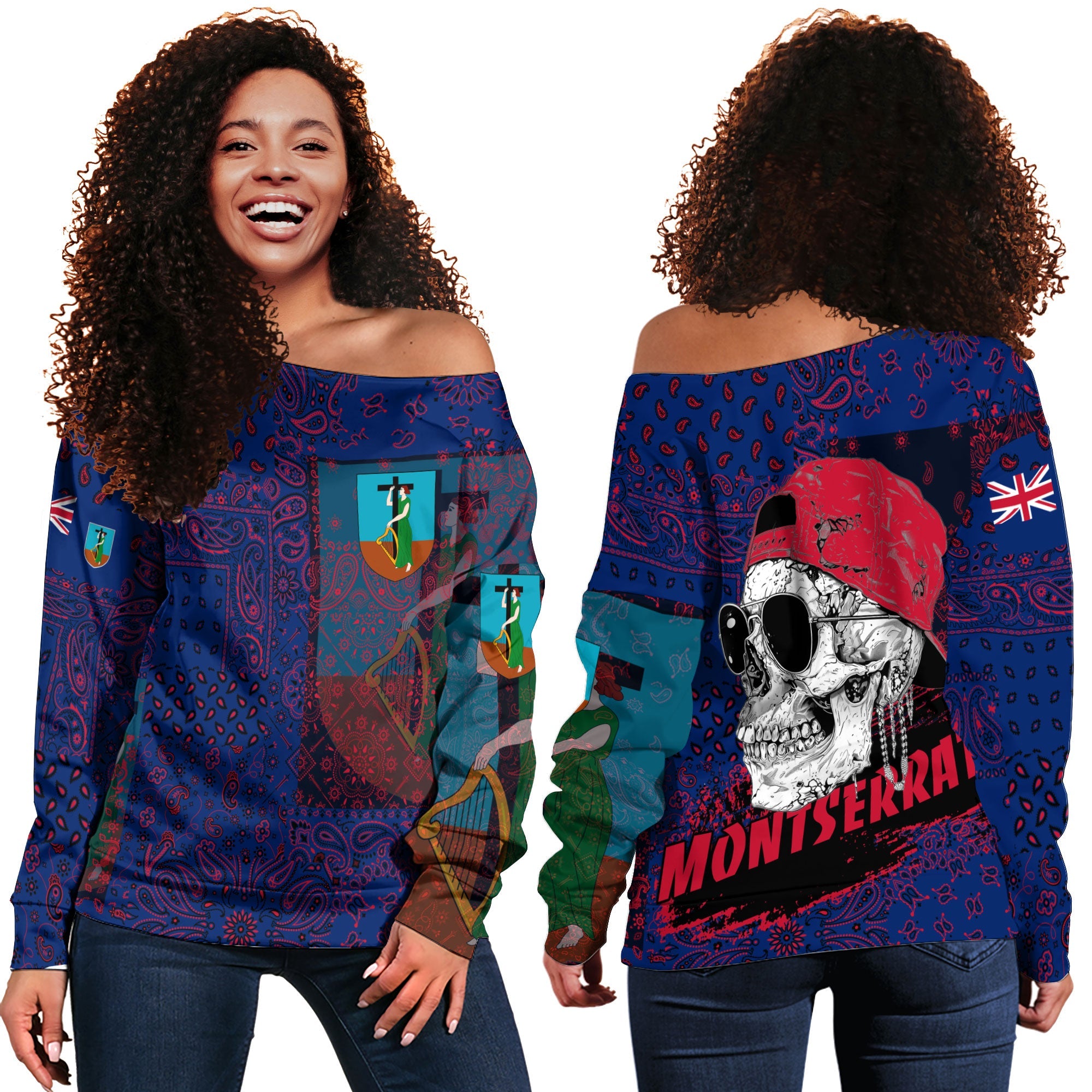 Montserrat Women Off Shoulder Sweatshirt Paisley Flag And Skull Style 1