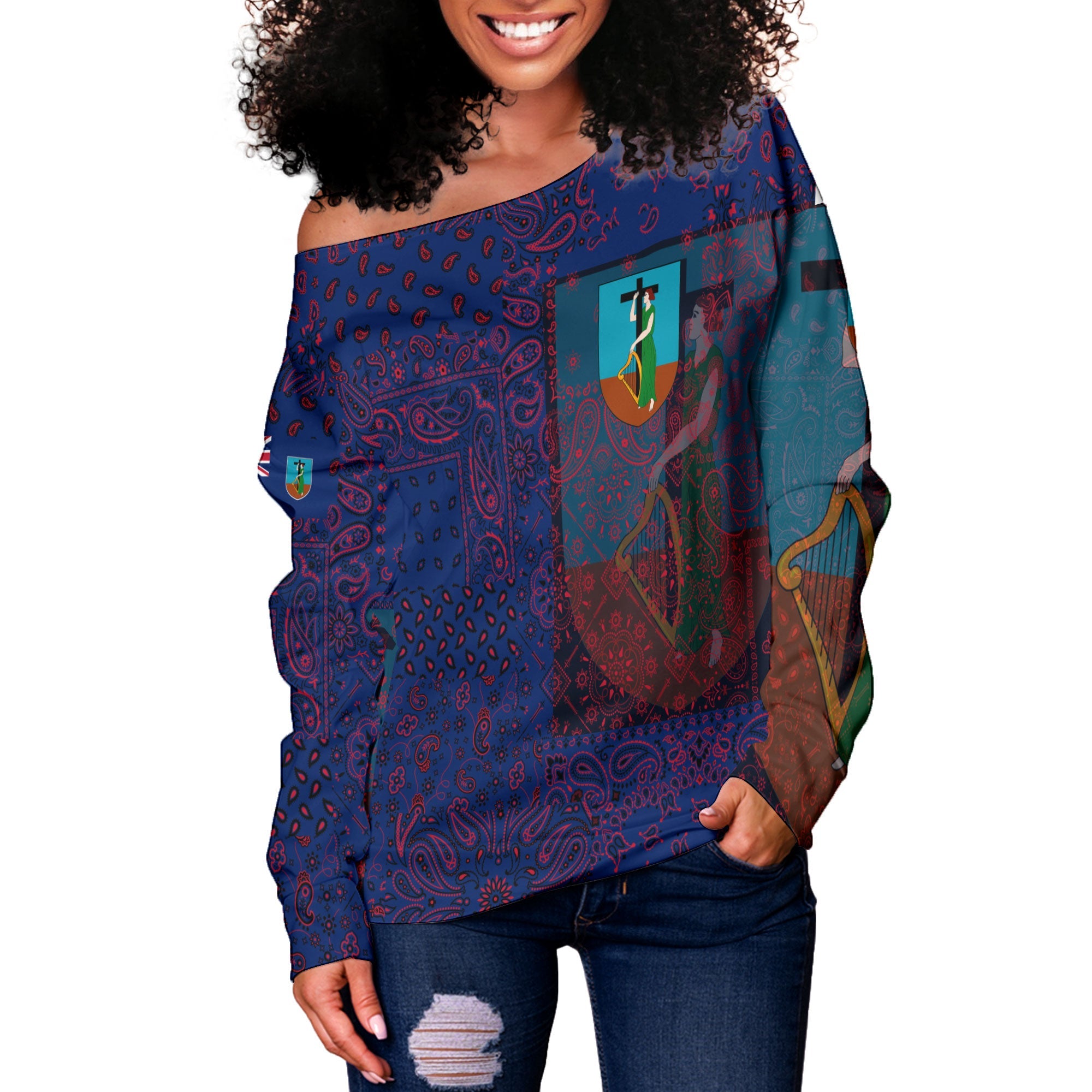 Montserrat Women Off Shoulder Sweatshirt Paisley Flag And Skull Style 2