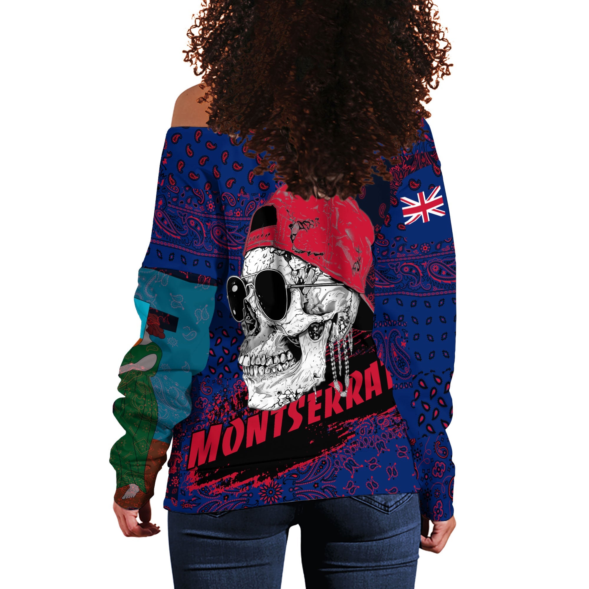 Montserrat Women Off Shoulder Sweatshirt Paisley Flag And Skull Style 3