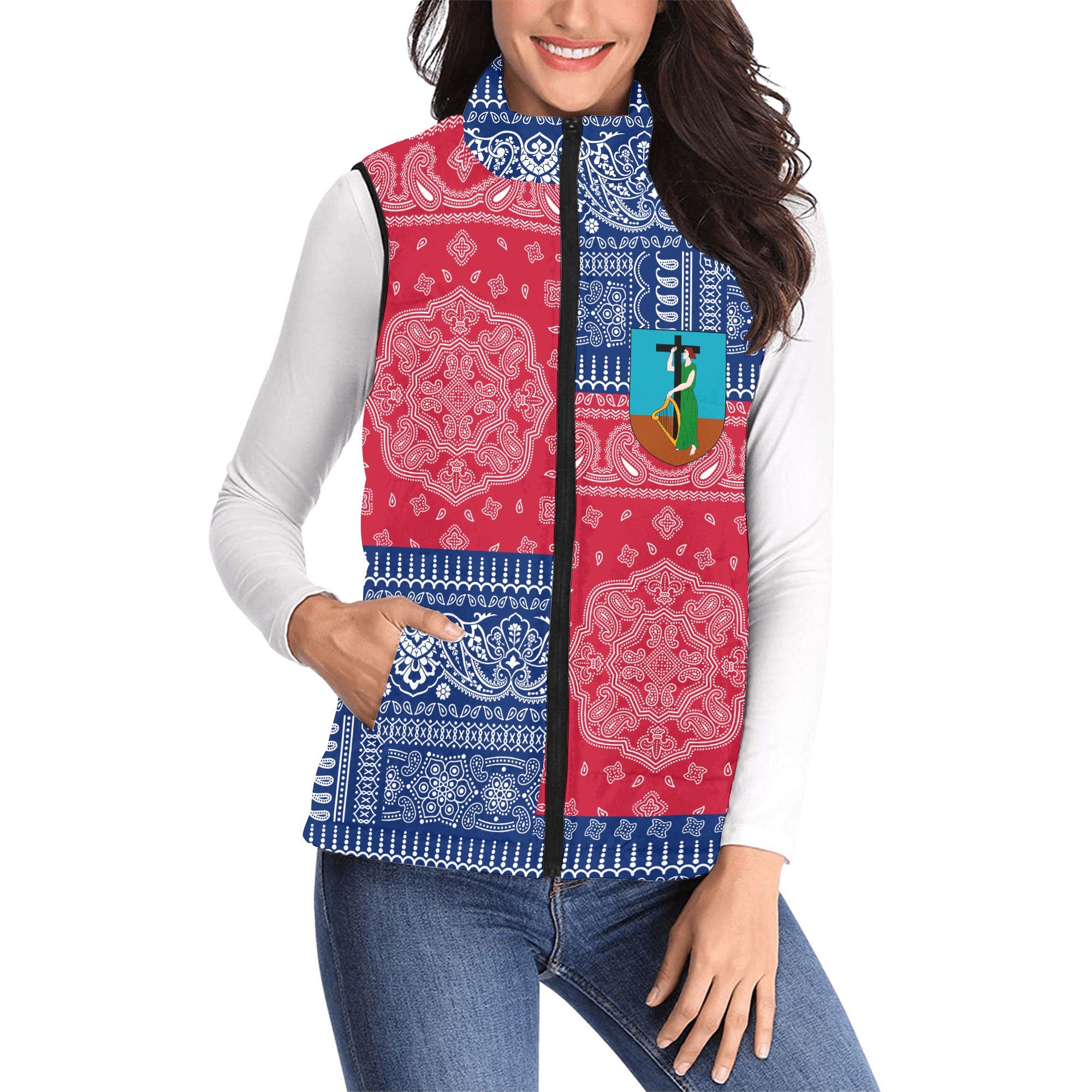 Montserrat Women Padded Jacket Vest Flag And Paisley Basic Style 1