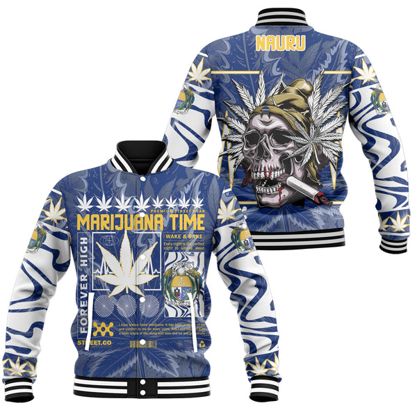 Nauru Baseball Jacket Flag & Coat Of Arms Marijuanas Style