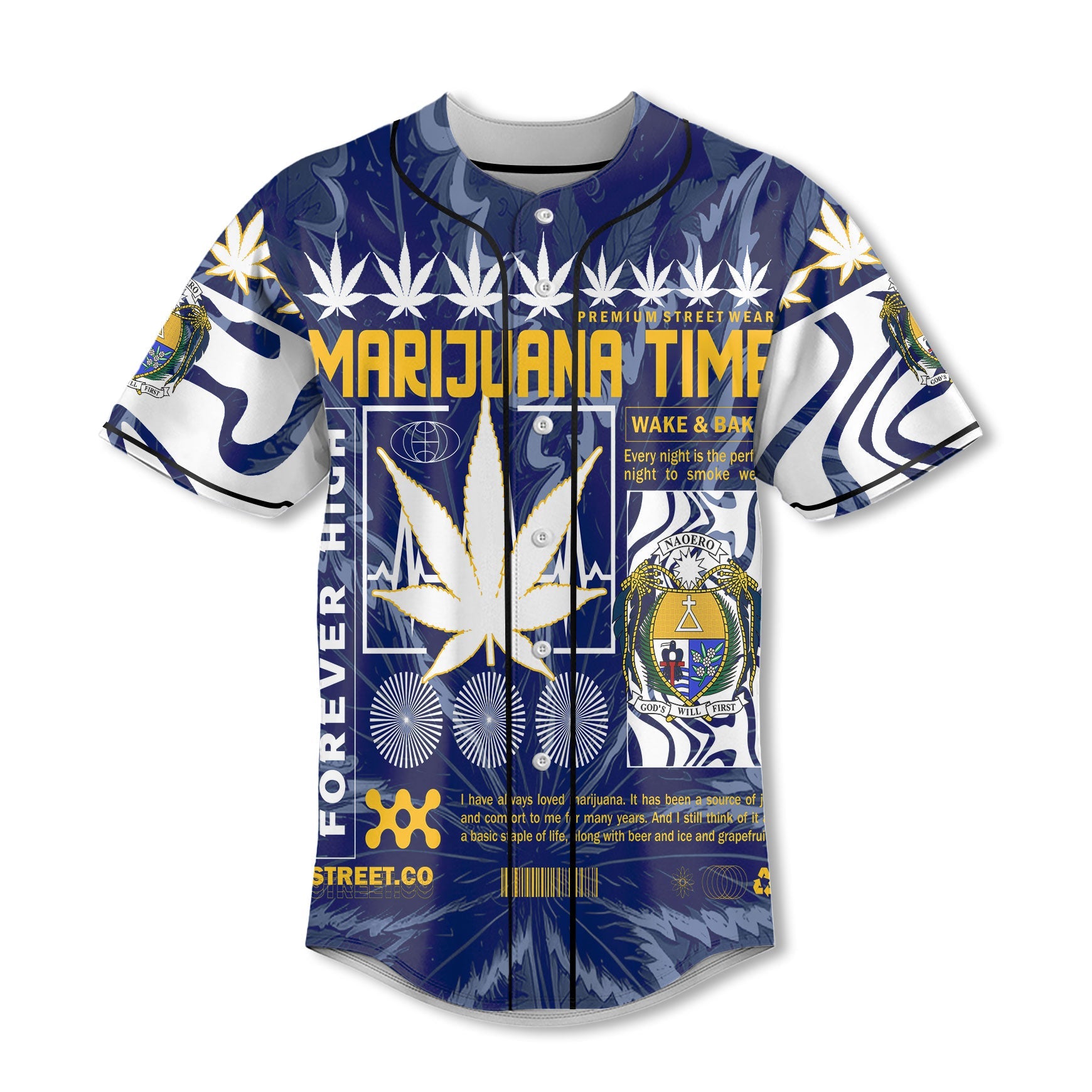 Nauru Baseball Jersey Flag & Coat Of Arms Marijuanas Style