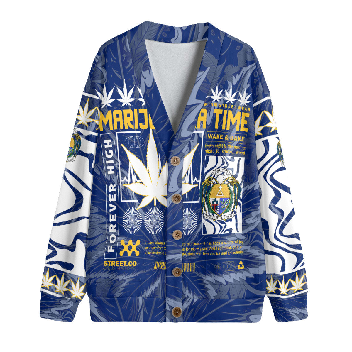 Nauru Fleece Cardigan Flag & Coat Of Arms Marijuanas Style