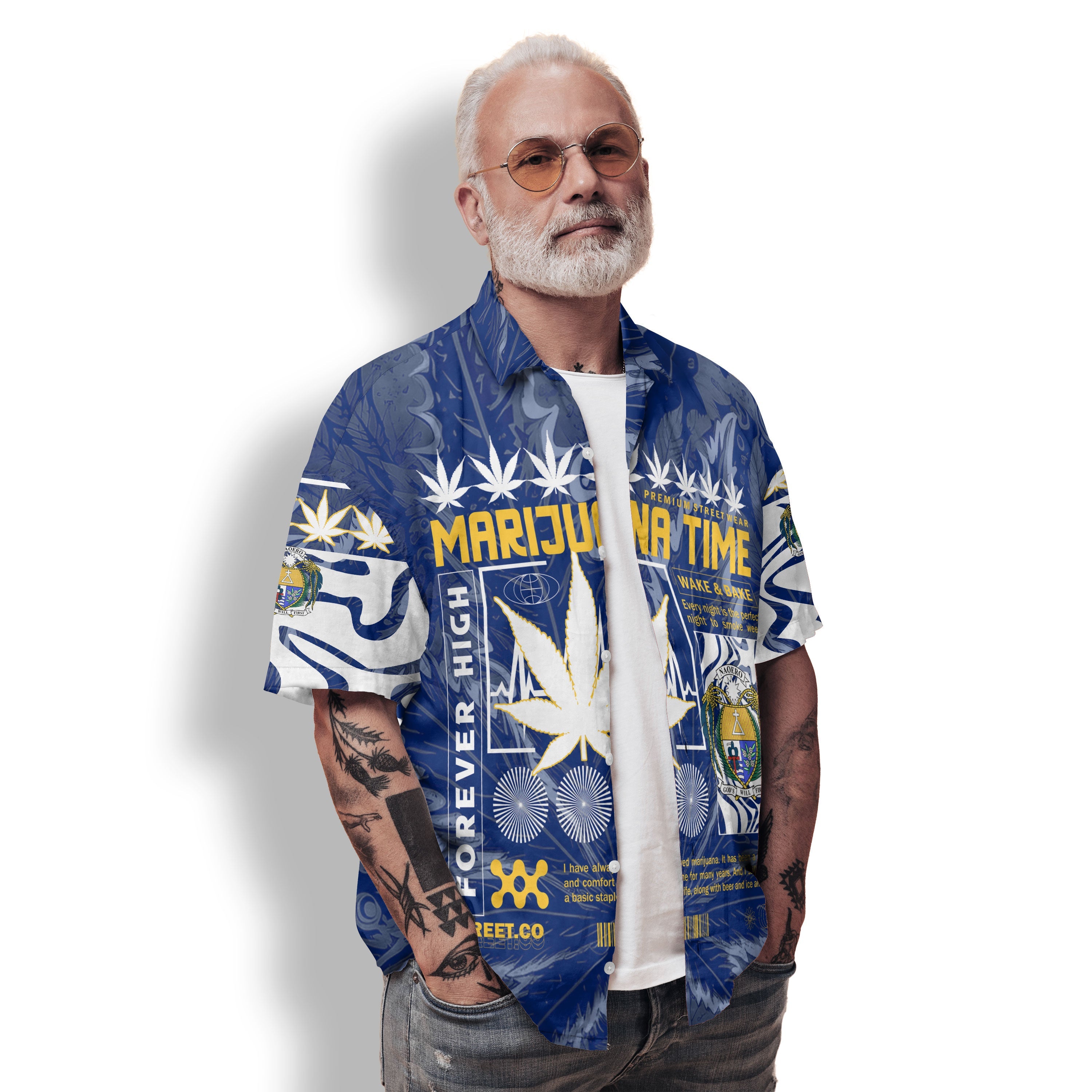 Nauru Hawaiian Shirt Flag & Coat Of Arms Marijuanas Style