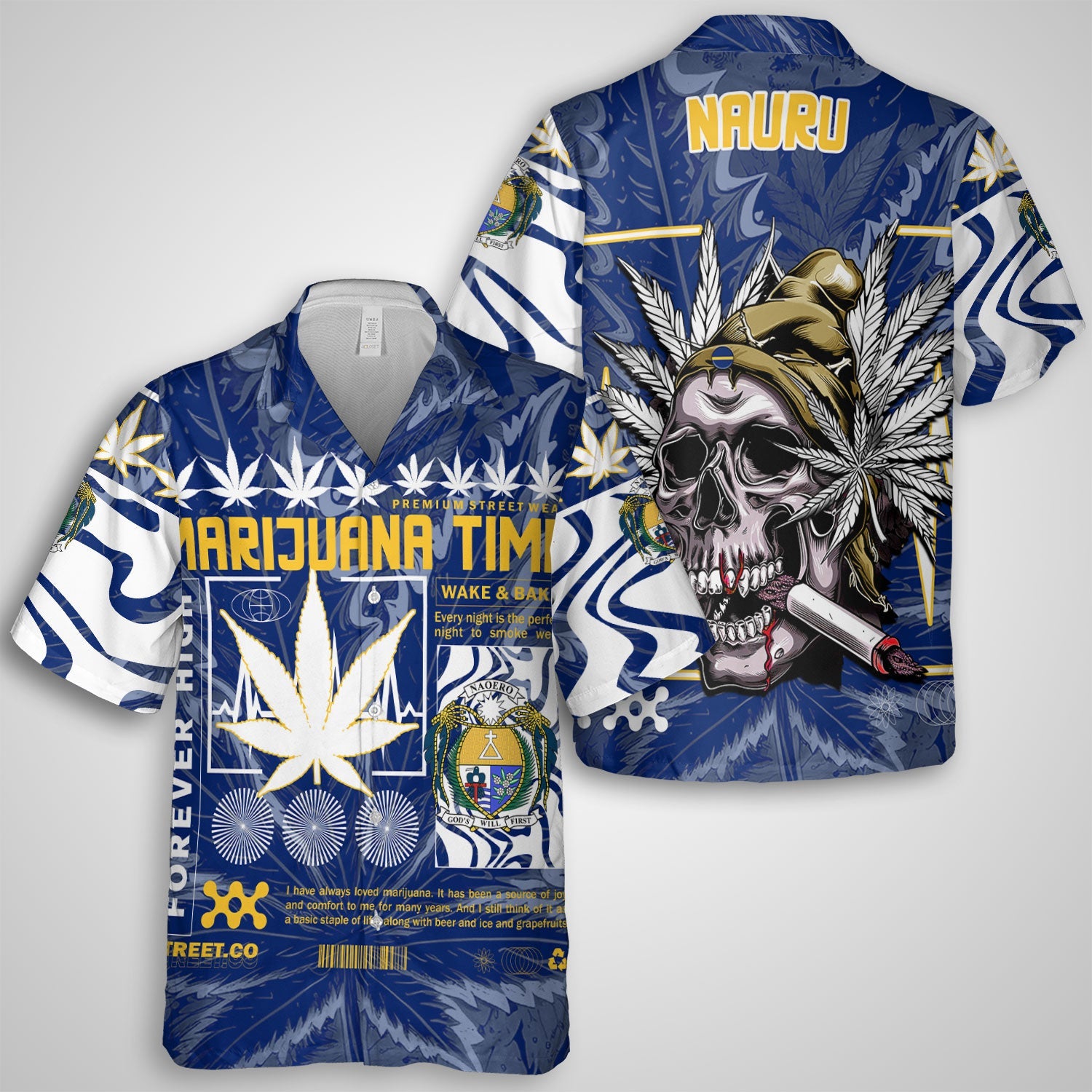 Nauru Hawaiian Shirt Flag & Coat Of Arms Marijuanas Style