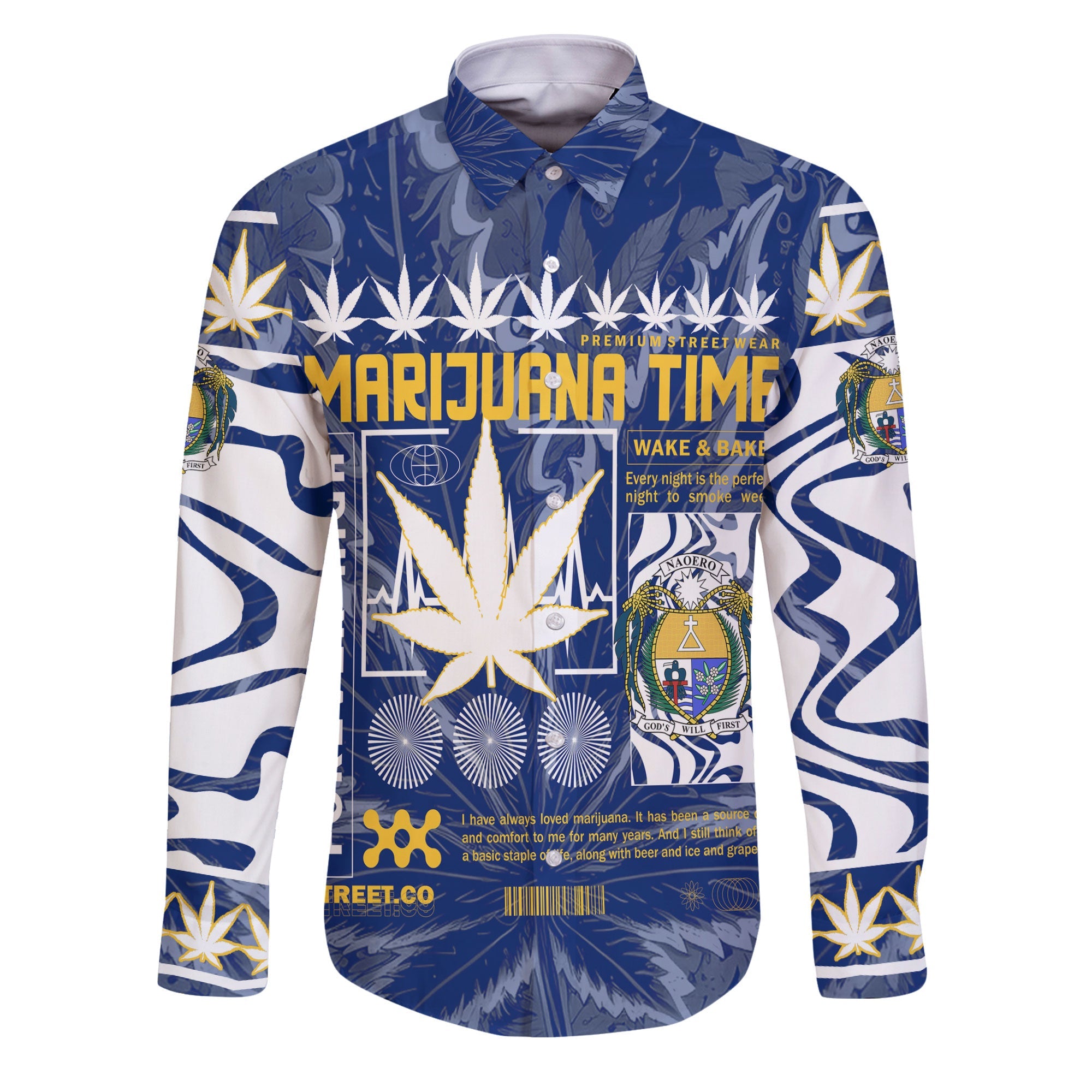 Nauru Long Sleeve Button Shirt Flag & Coat Of Arms Marijuanas Style