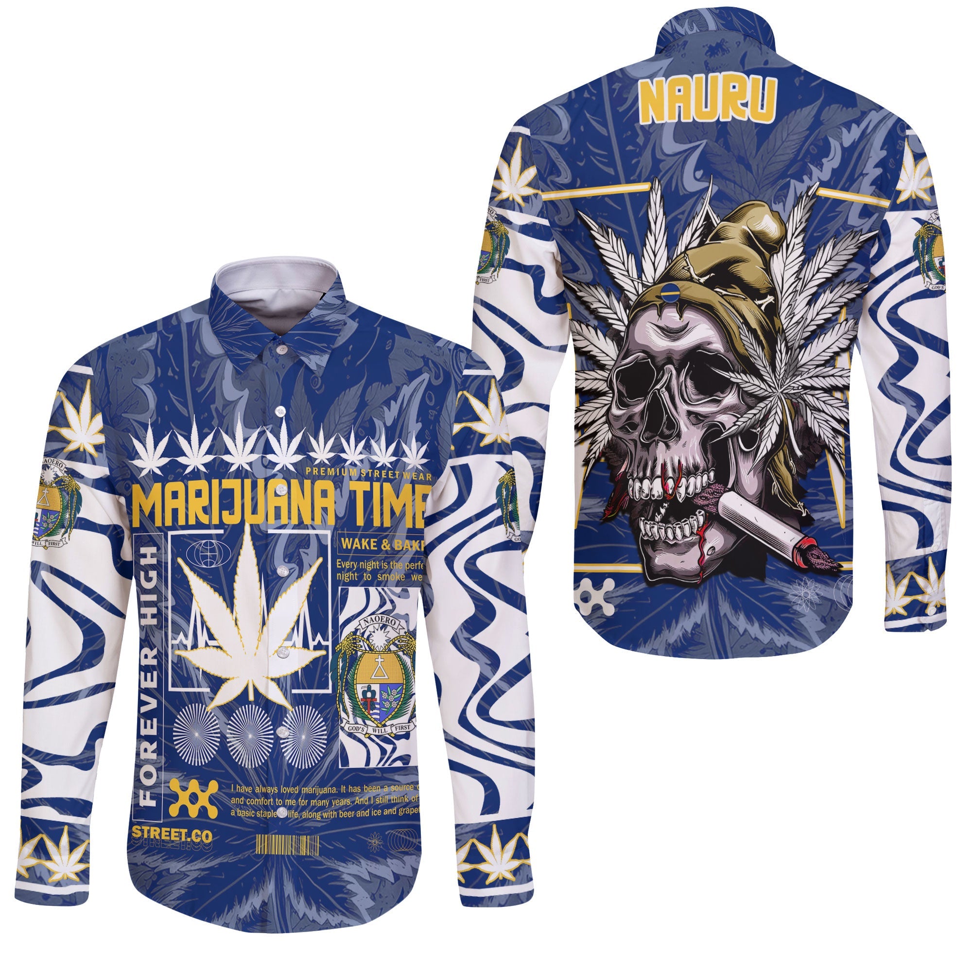 Nauru Long Sleeve Button Shirt Flag & Coat Of Arms Marijuanas Style