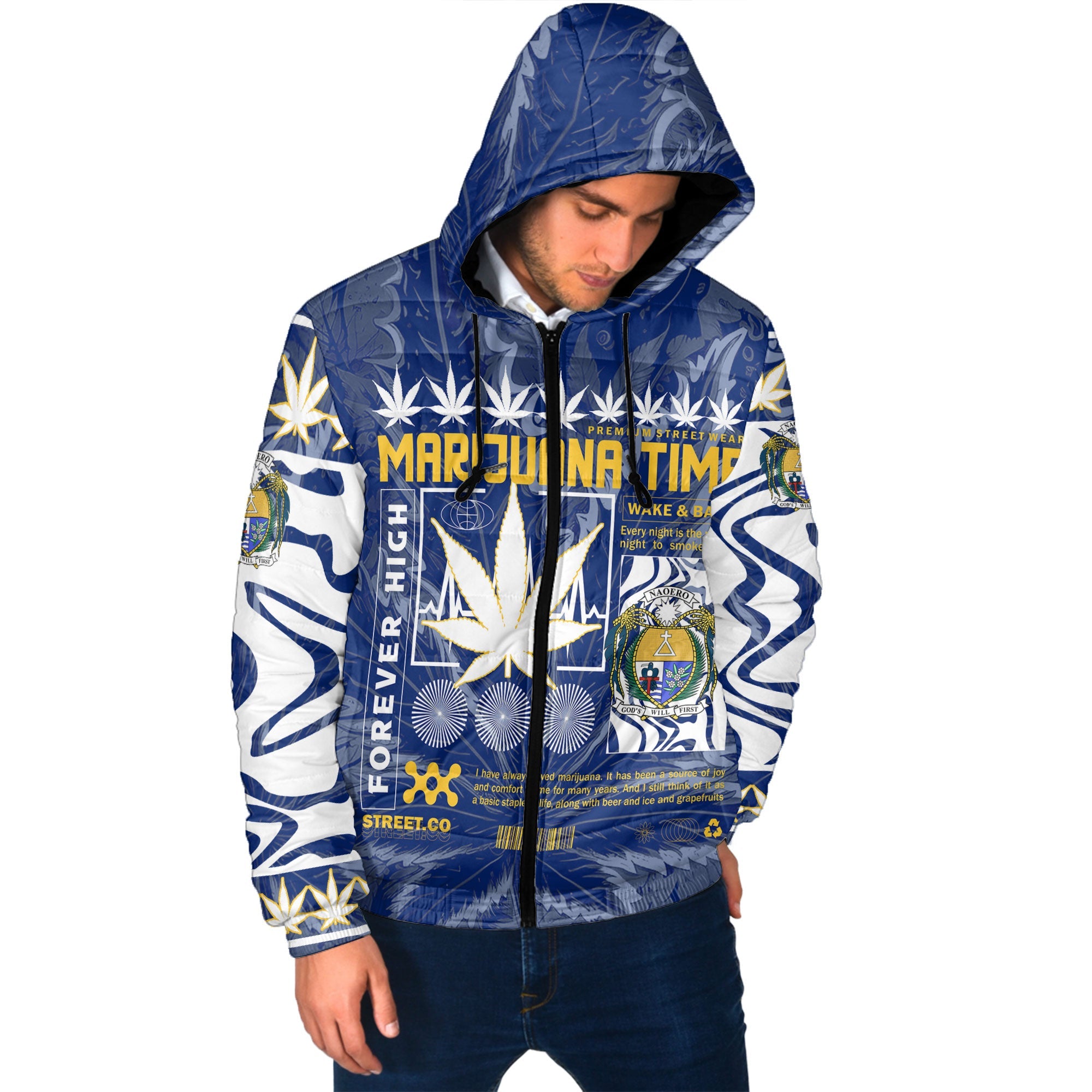 Nauru Men Hooded Padded Jacket Flag & Coat Of Arms Marijuanas Style