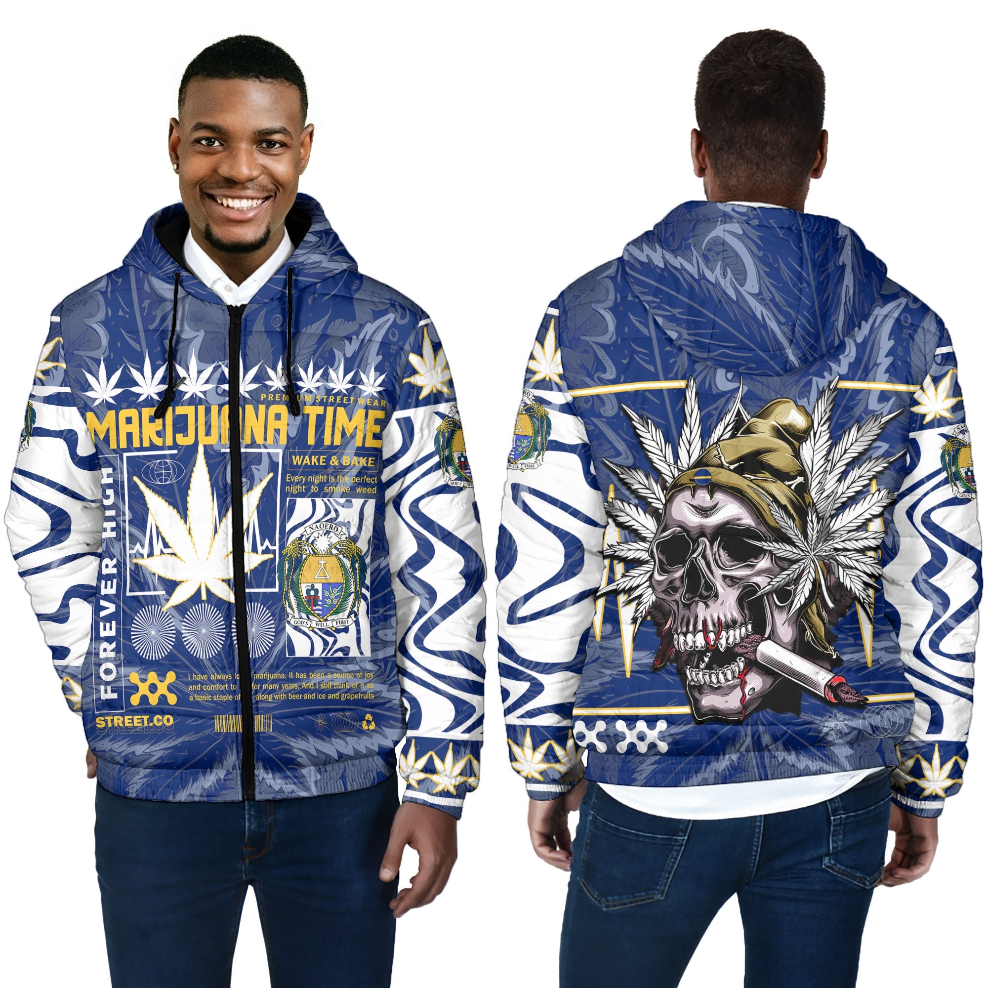 Nauru Men Hooded Padded Jacket Flag & Coat Of Arms Marijuanas Style