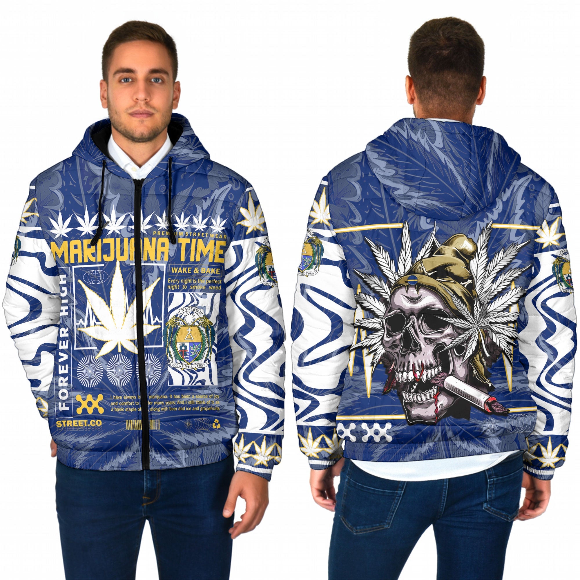 Nauru Men Hooded Padded Jacket Flag & Coat Of Arms Marijuanas Style