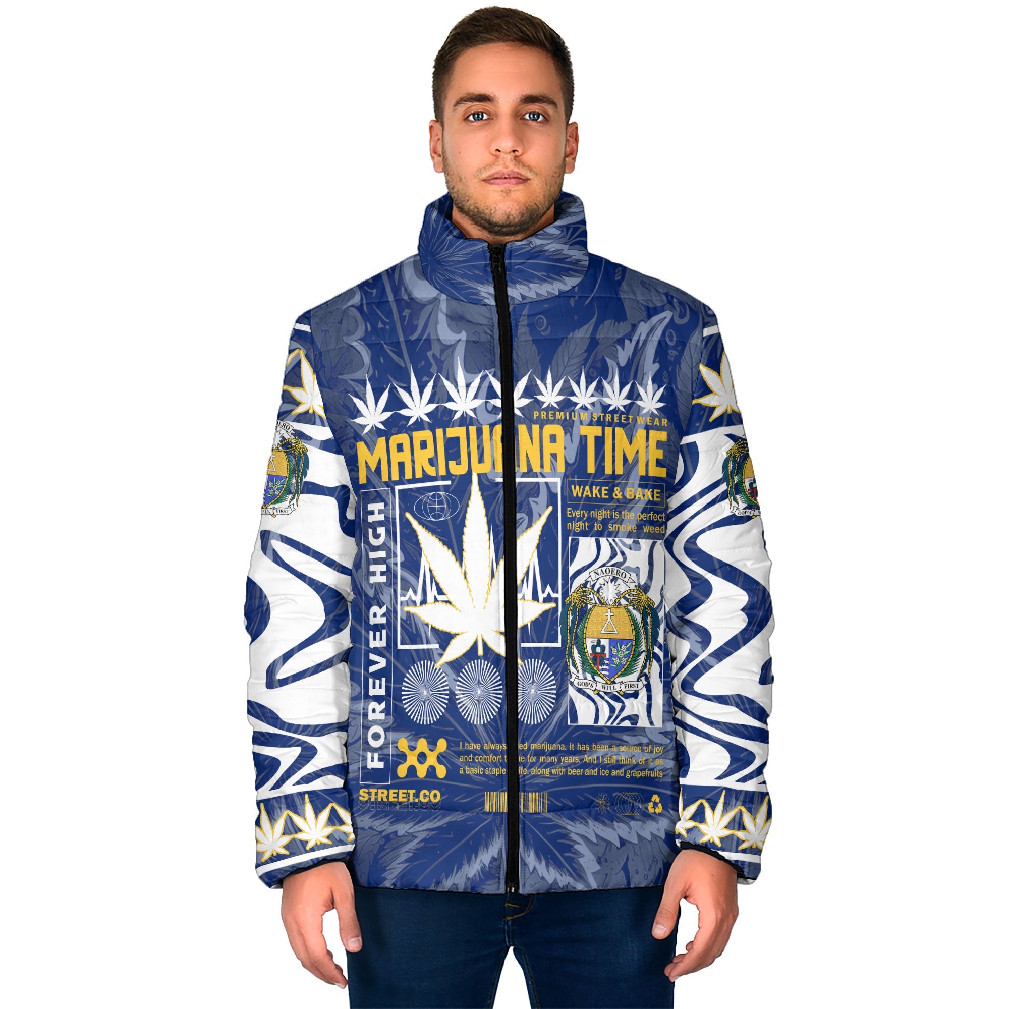 Nauru Men Padded Jacket Flag & Coat Of Arms Marijuanas Style