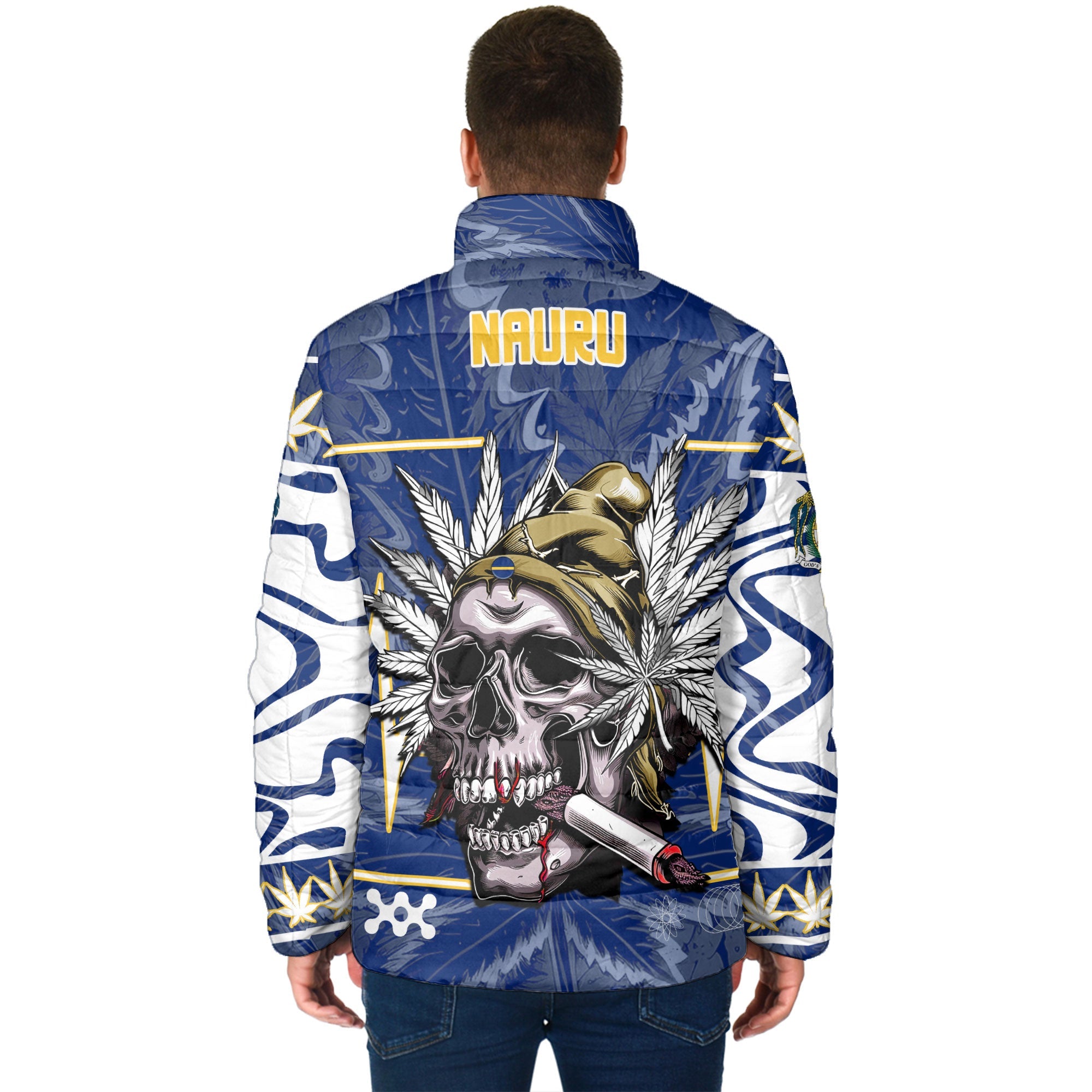 Nauru Men Padded Jacket Flag & Coat Of Arms Marijuanas Style