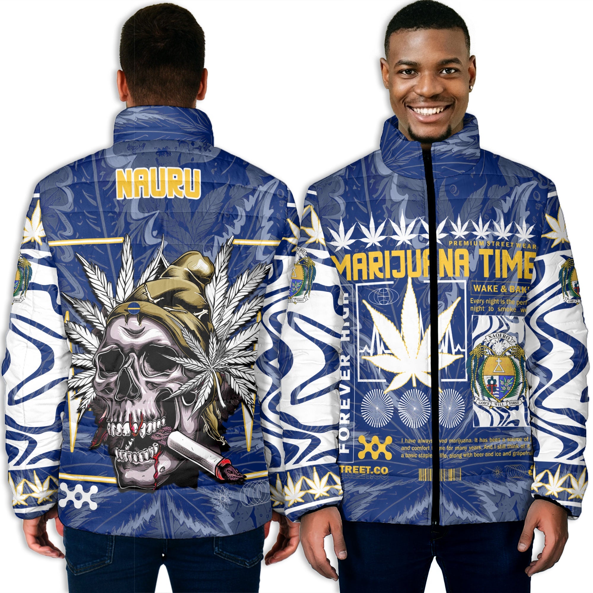 Nauru Men Padded Jacket Flag & Coat Of Arms Marijuanas Style