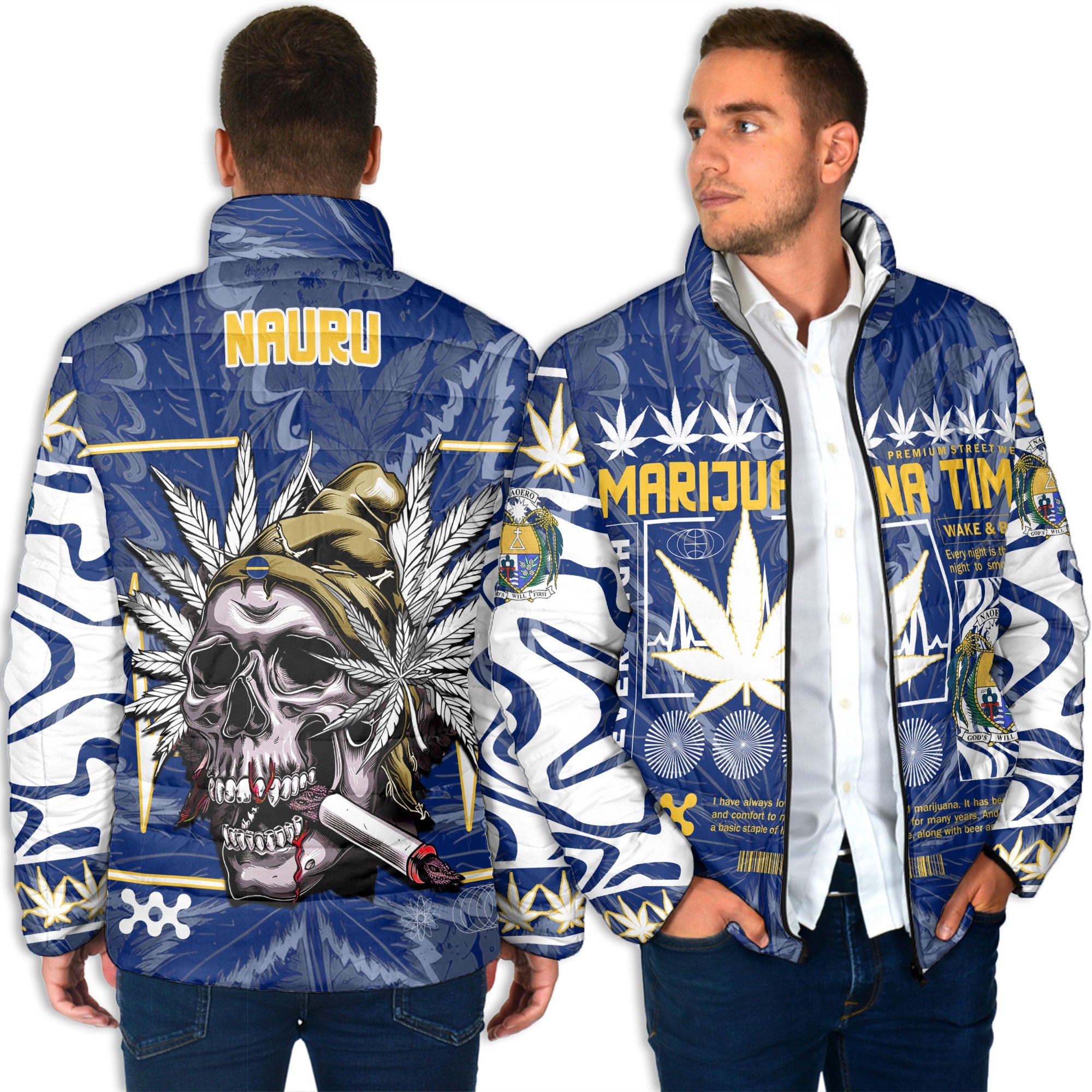 Nauru Men Padded Jacket Flag & Coat Of Arms Marijuanas Style