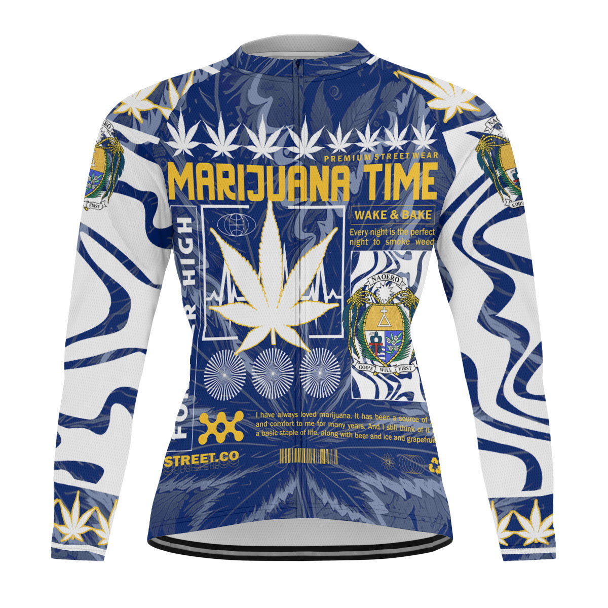 Nauru Men's Cycling Jersey Long Sleeve Flag & Coat Of Arms Marijuanas Style