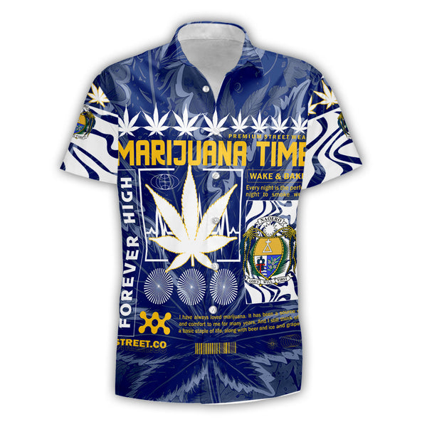 Nauru Short Sleeve Shirt Flag & Coat Of Arms Marijuanas Style