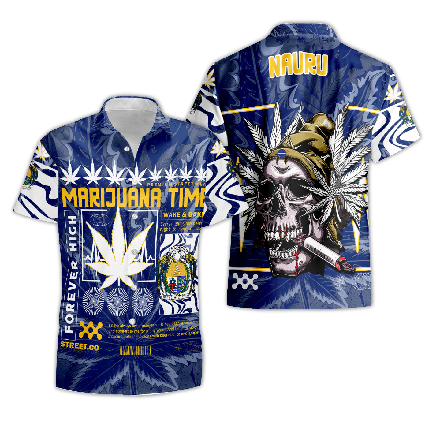 Nauru Short Sleeve Shirt Flag & Coat Of Arms Marijuanas Style