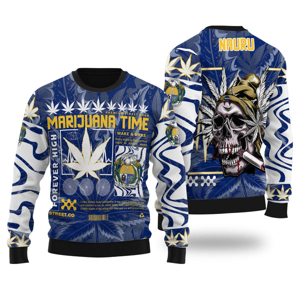 Nauru Ugly Sweater Flag & Coat Of Arms Marijuanas Style