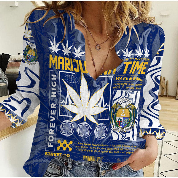 Nauru Women Casual Shirt Flag & Coat Of Arms Marijuanas Style