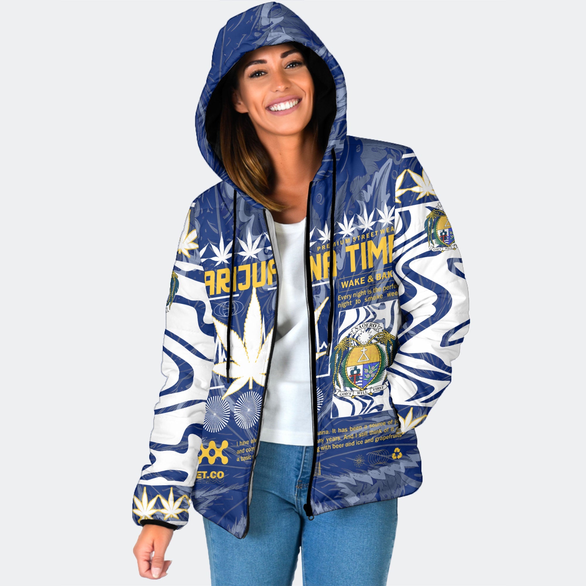 Nauru Women Hooded Padded Jacket Flag & Coat Of Arms Marijuanas Style