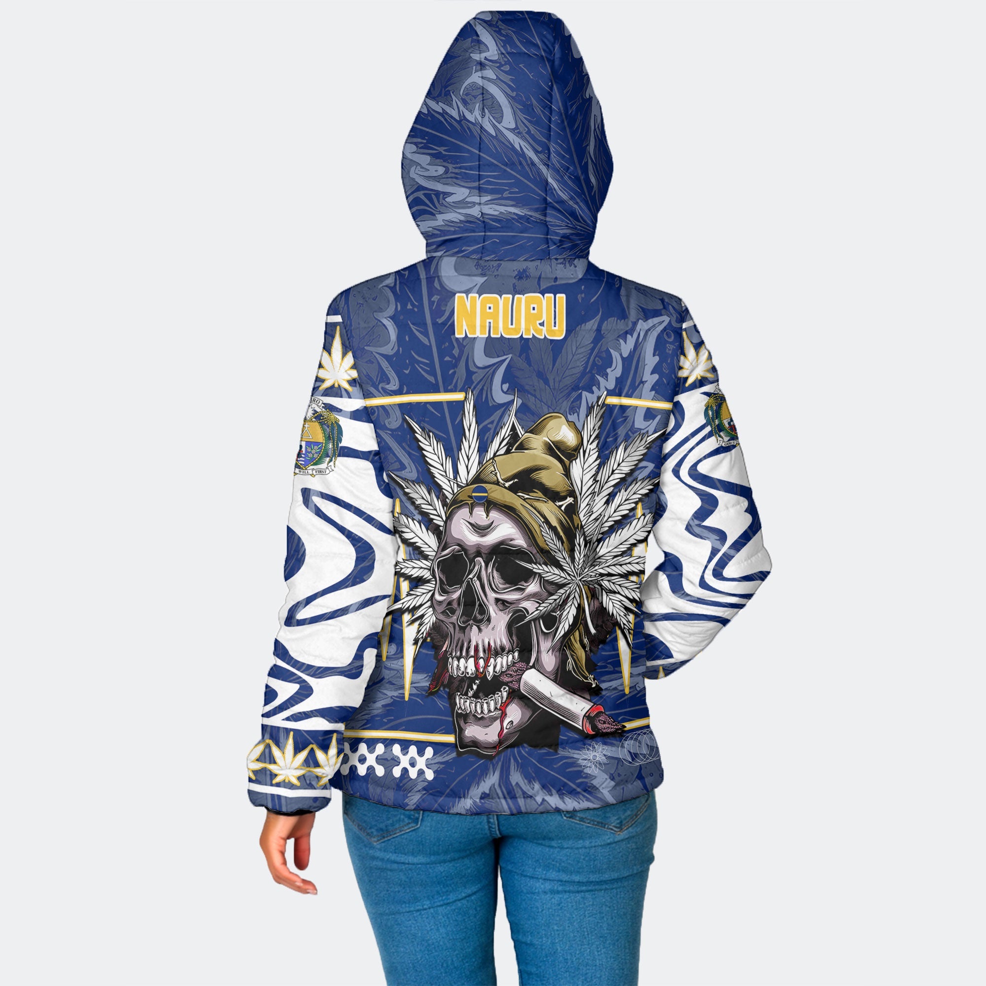 Nauru Women Hooded Padded Jacket Flag & Coat Of Arms Marijuanas Style