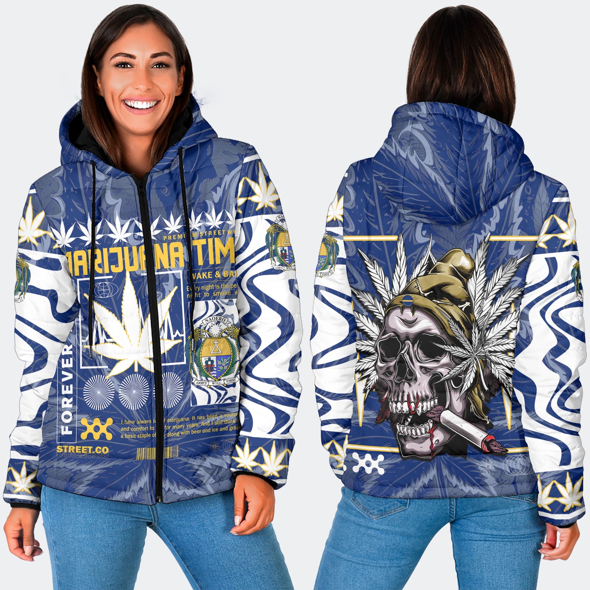 Nauru Women Hooded Padded Jacket Flag & Coat Of Arms Marijuanas Style