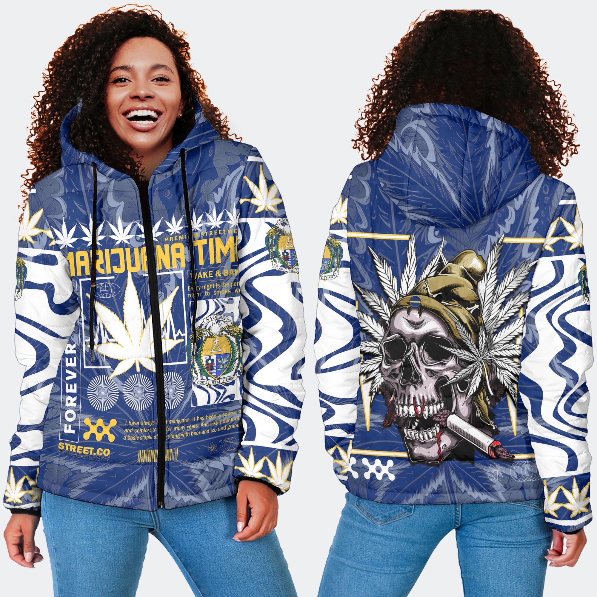 Nauru Women Hooded Padded Jacket Flag & Coat Of Arms Marijuanas Style