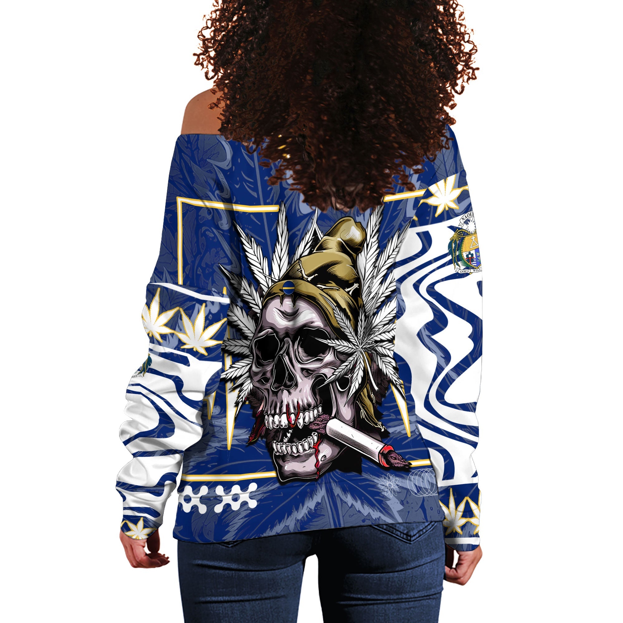 Nauru Women Off Shoulder Sweatshirt Flag & Coat Of Arms Marijuanas Style