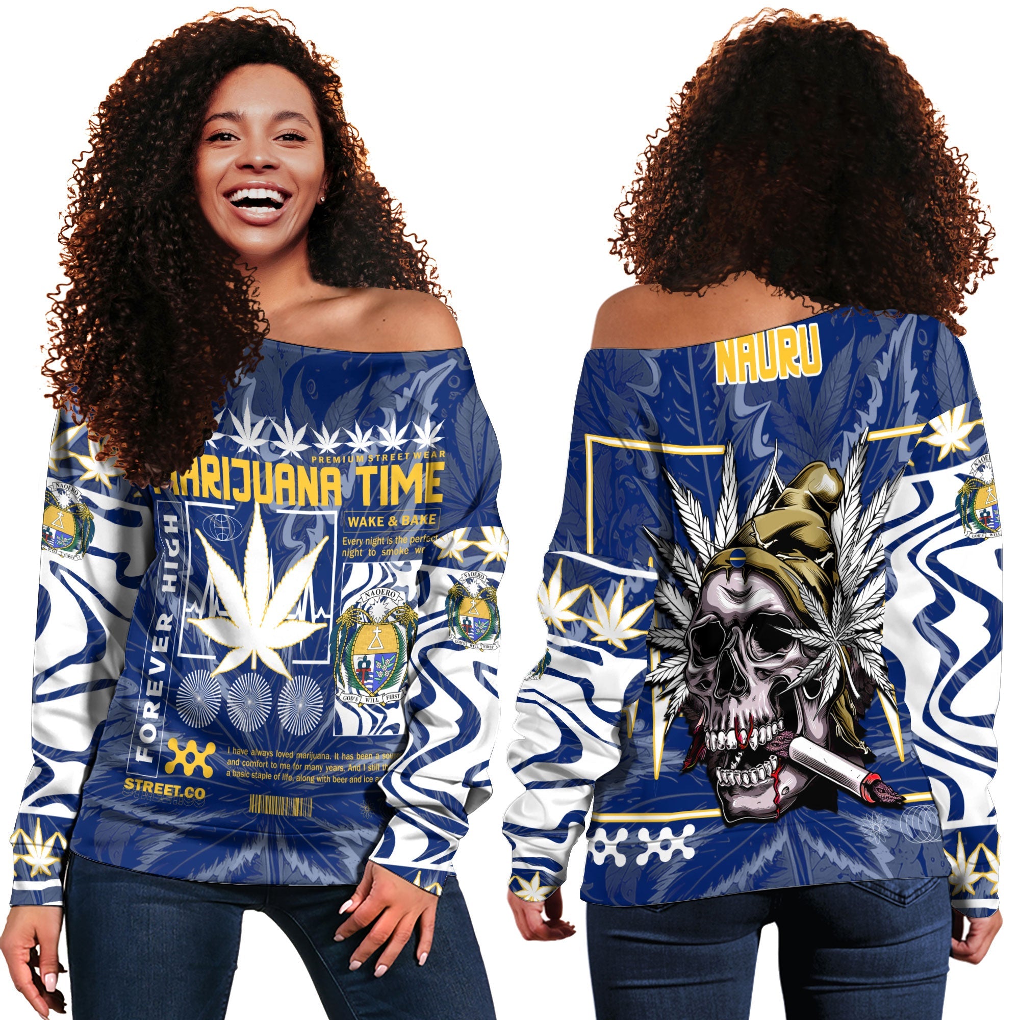 Nauru Women Off Shoulder Sweatshirt Flag & Coat Of Arms Marijuanas Style