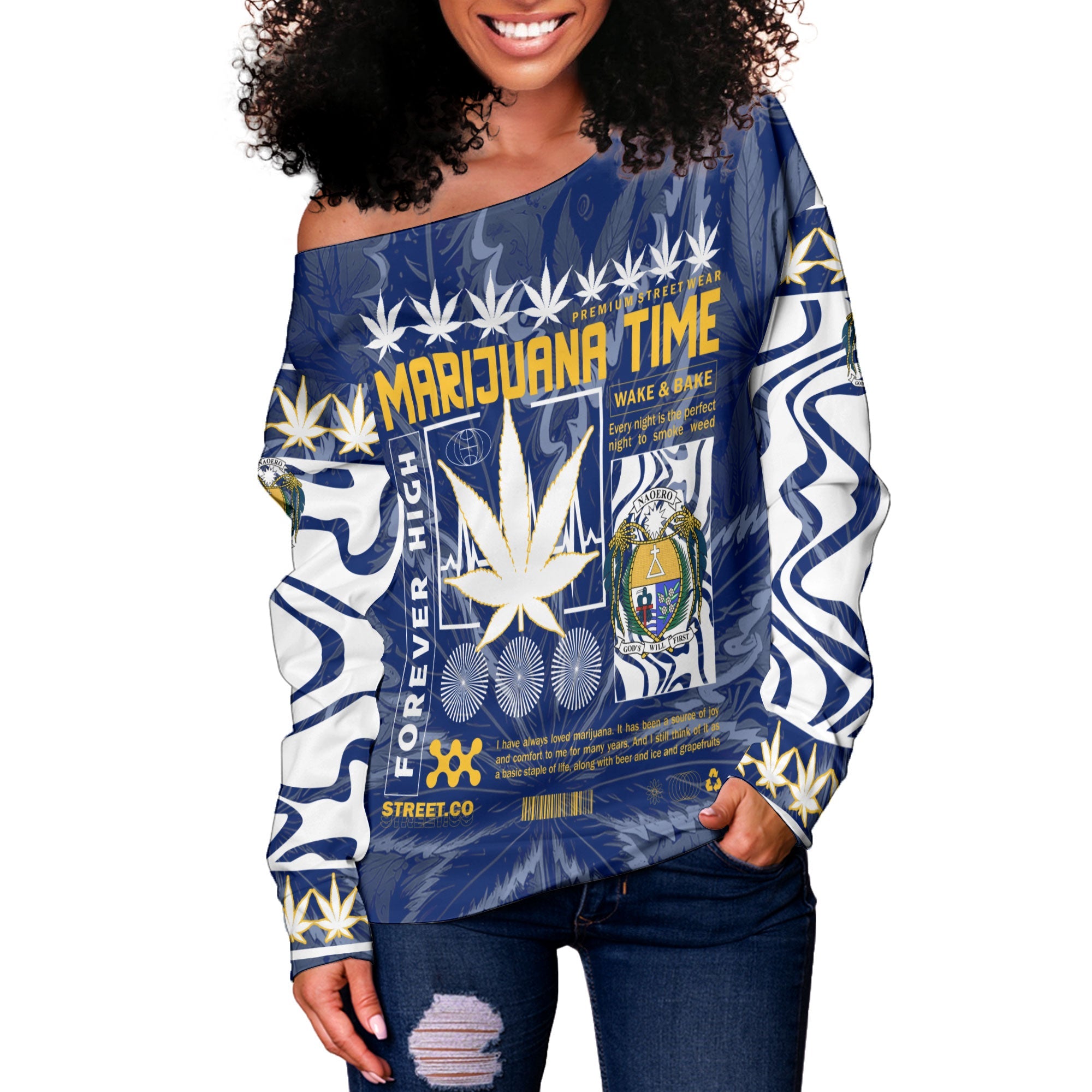 Nauru Women Off Shoulder Sweatshirt Flag & Coat Of Arms Marijuanas Style