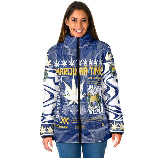 Nauru Women Padded Jacket Flag & Coat Of Arms Marijuanas Style