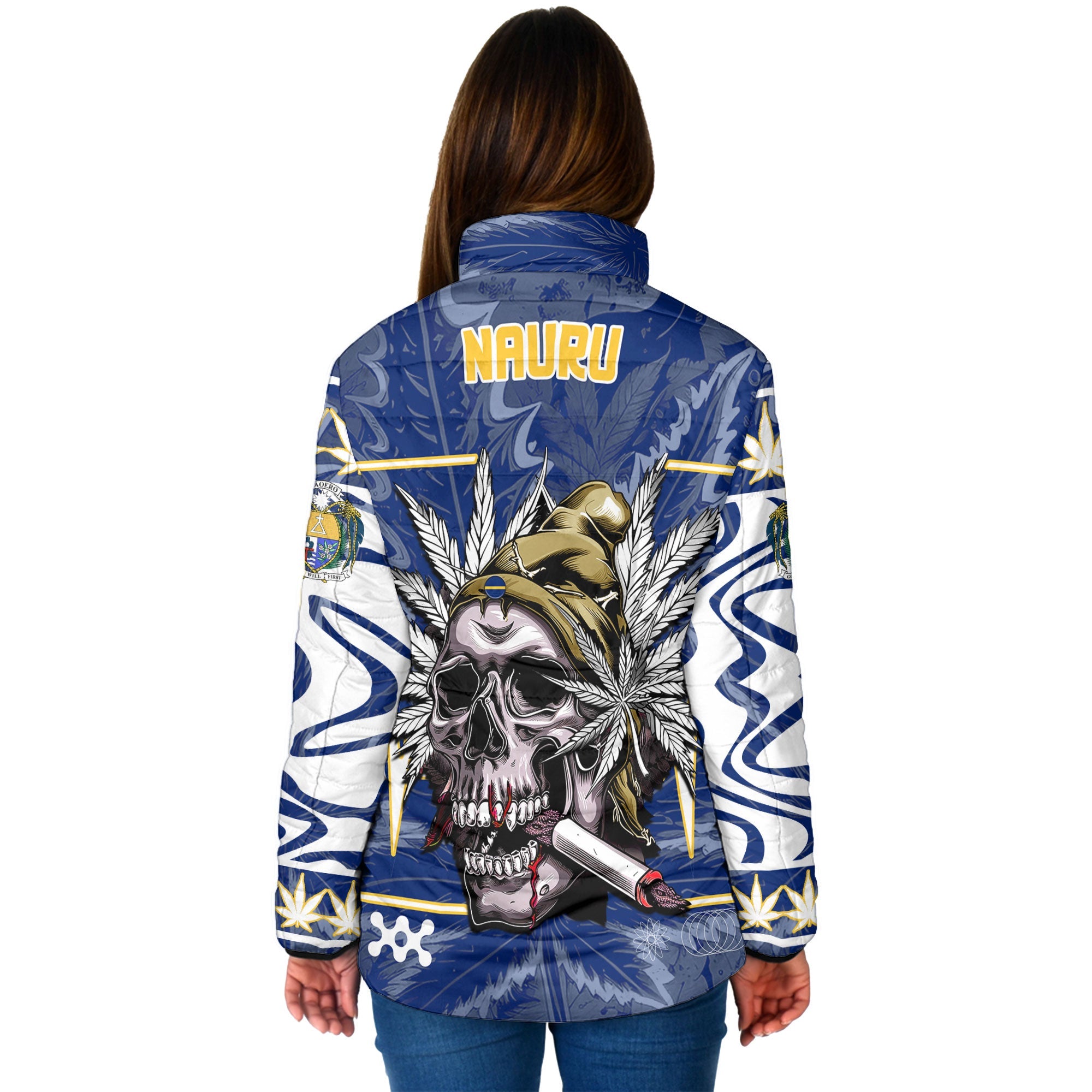 Nauru Women Padded Jacket Flag & Coat Of Arms Marijuanas Style