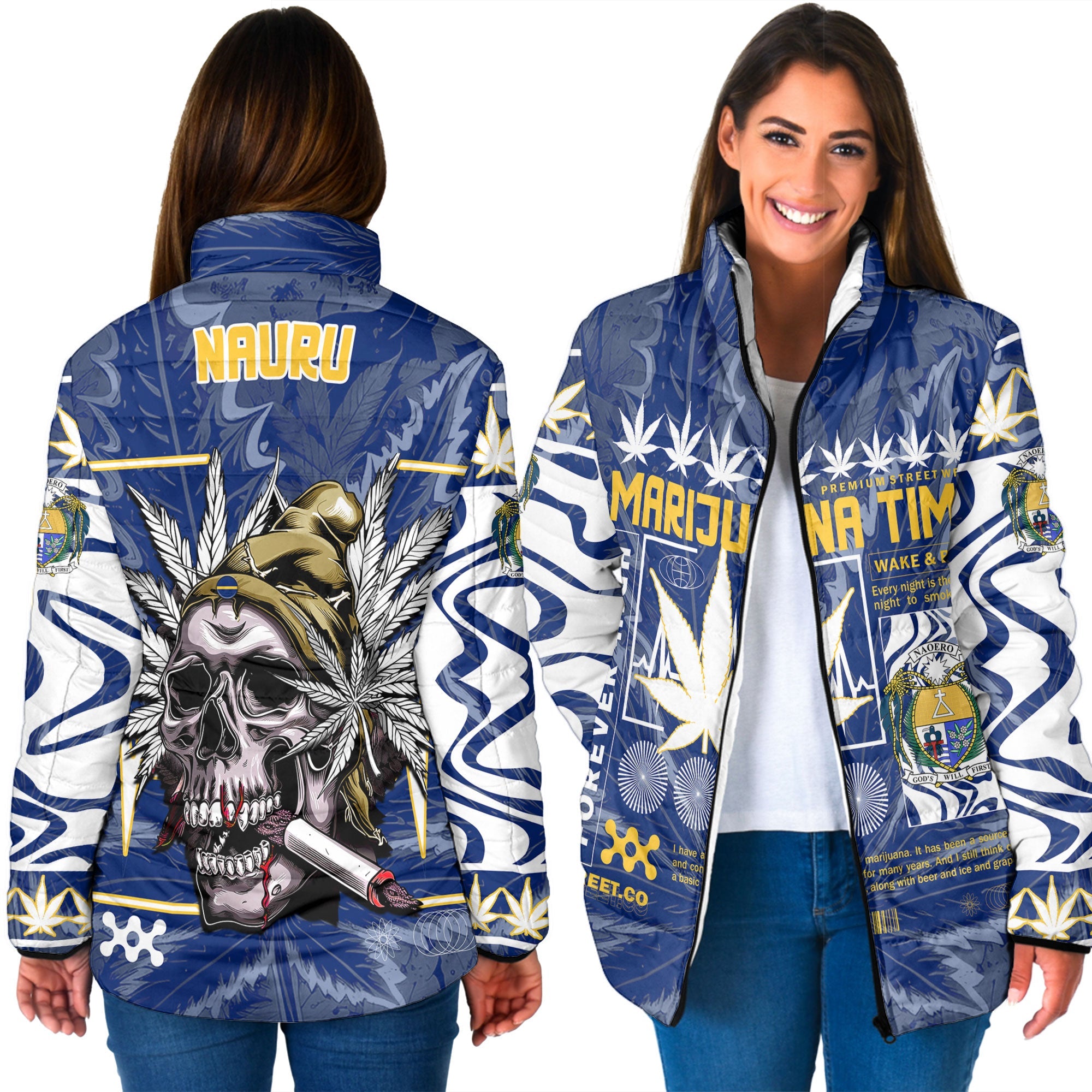 Nauru Women Padded Jacket Flag & Coat Of Arms Marijuanas Style