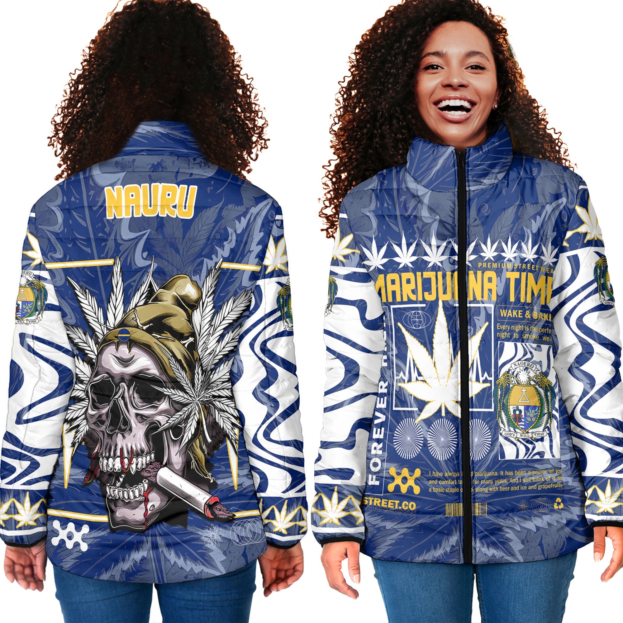 Nauru Women Padded Jacket Flag & Coat Of Arms Marijuanas Style